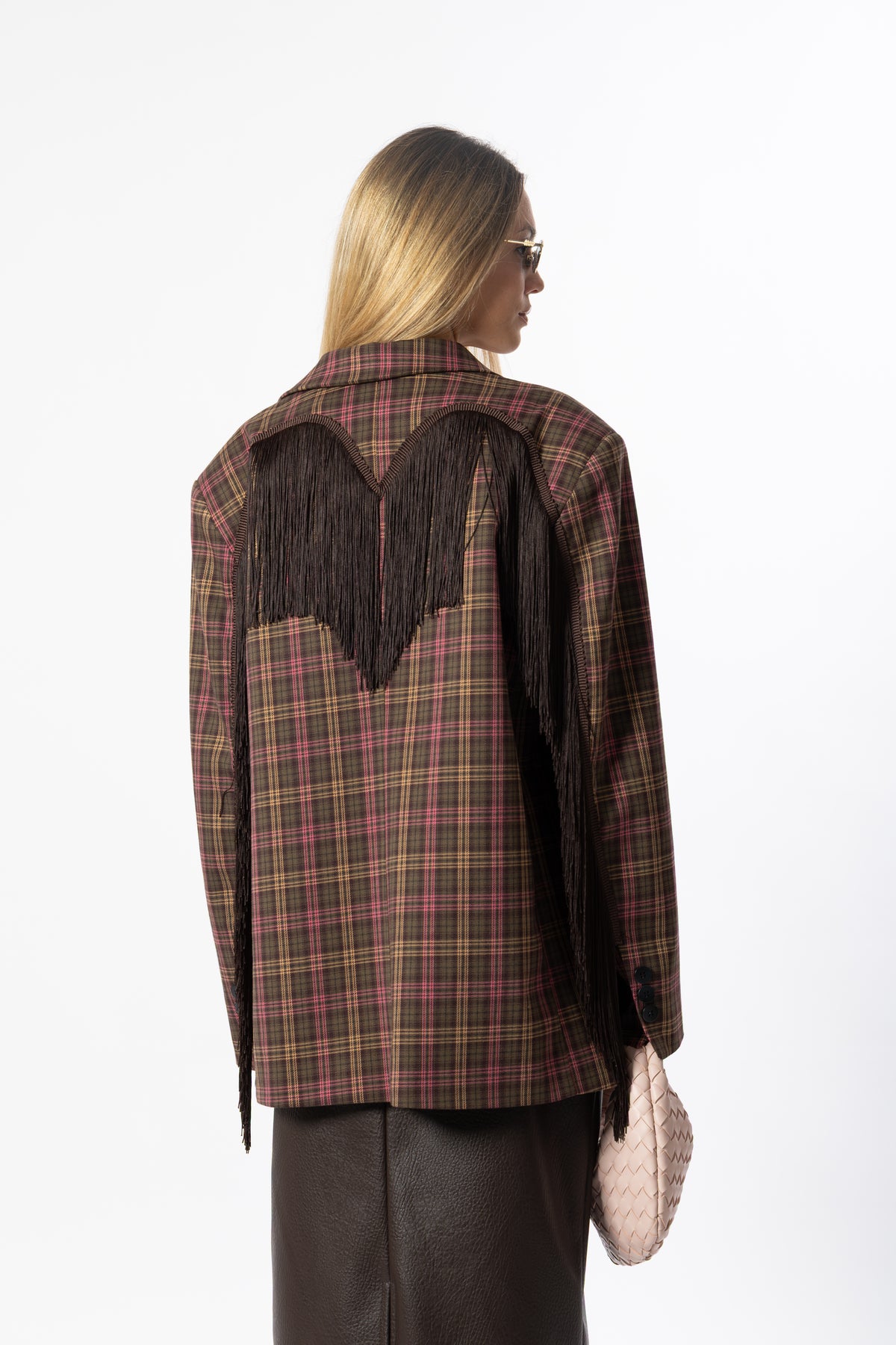 Blazer frange tartan marrone e rosa