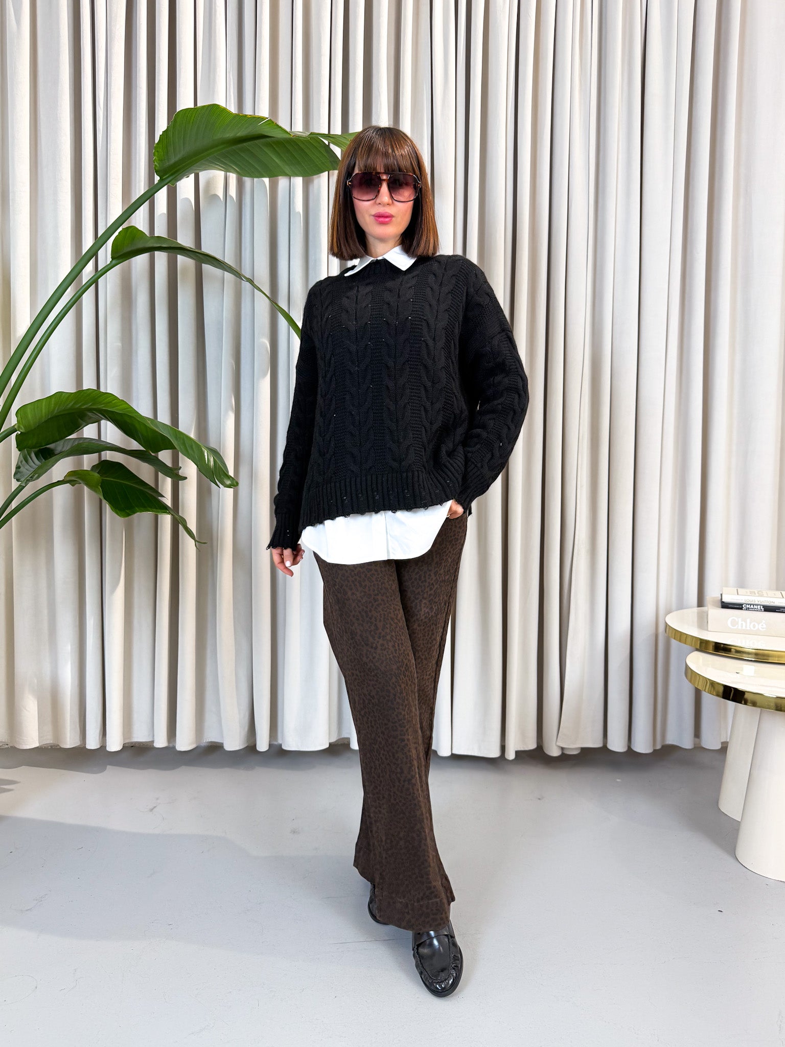 Pullover over trecce nero