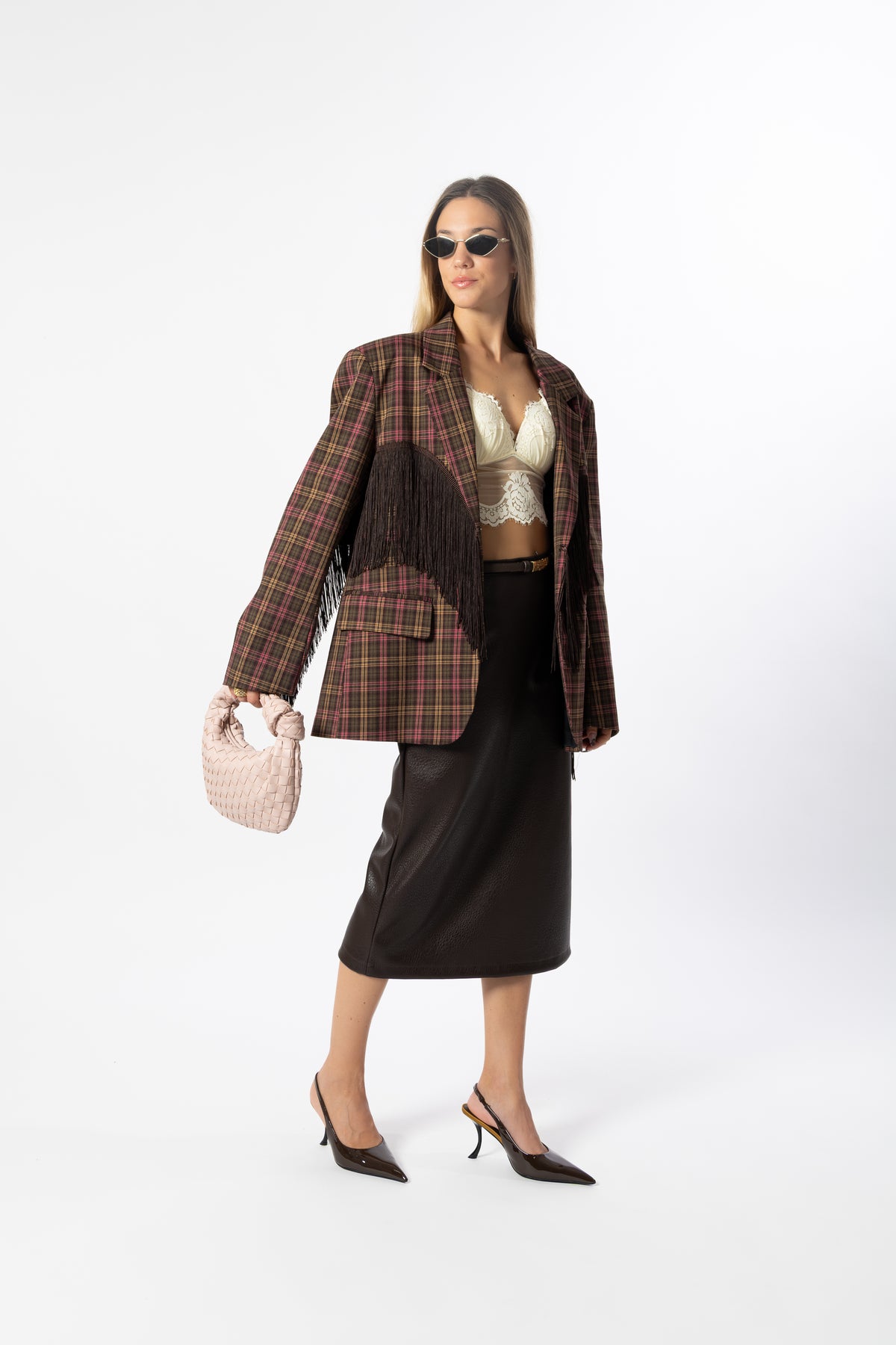 Blazer frange tartan marrone e rosa