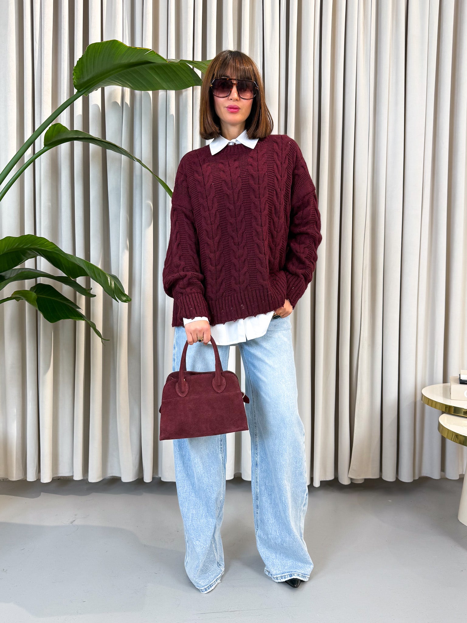 Pullover over trecce bordeaux