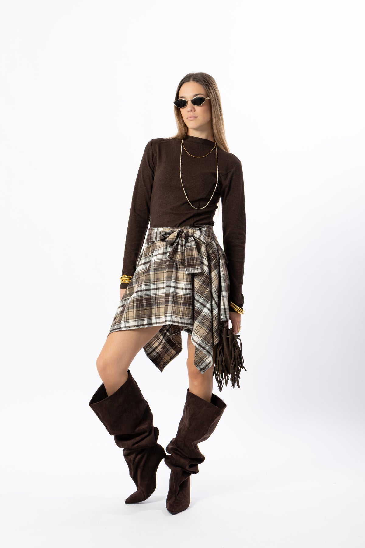 Gonna corta tartan beige