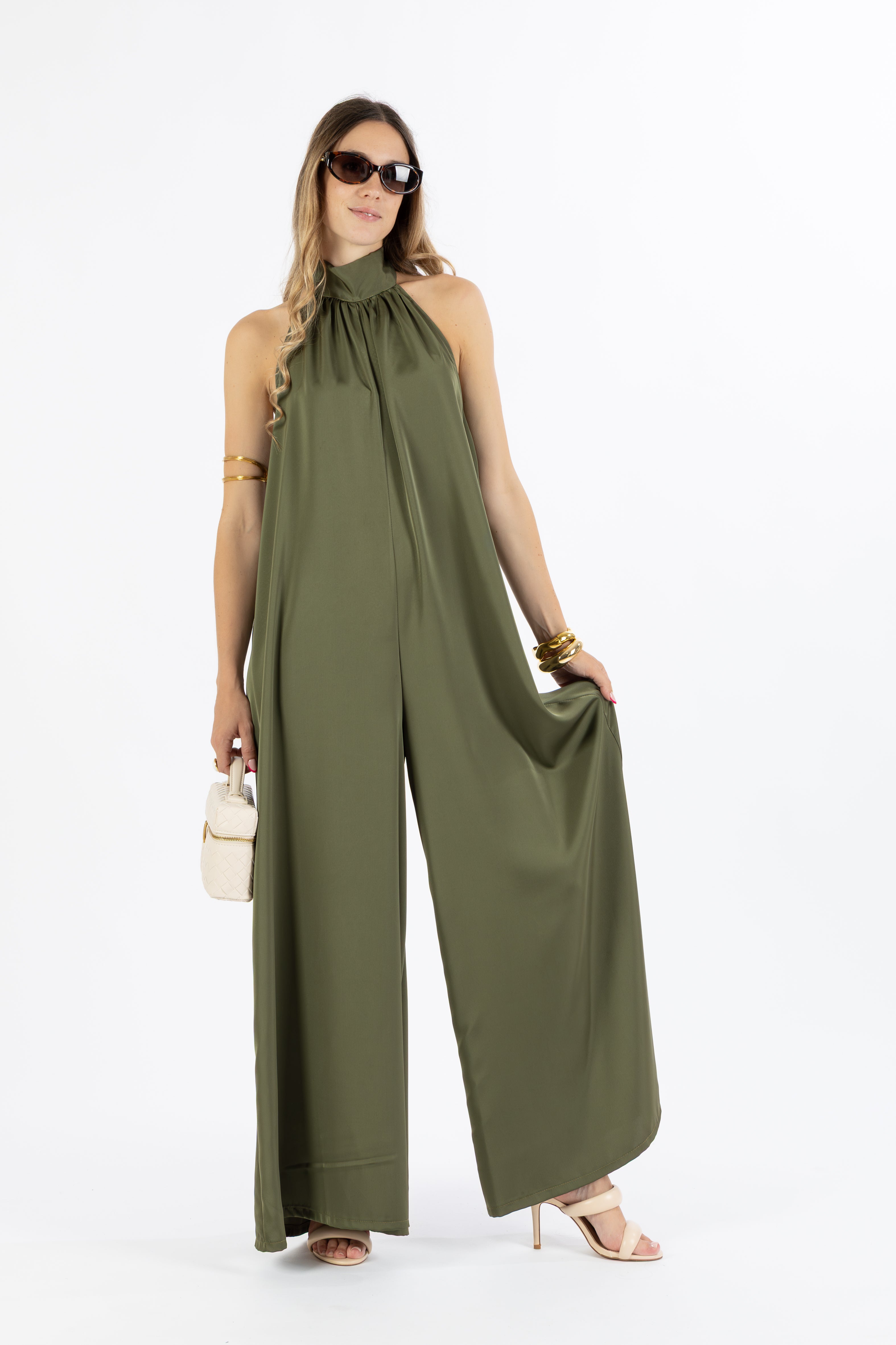 Jumpsuit raso verde militare
