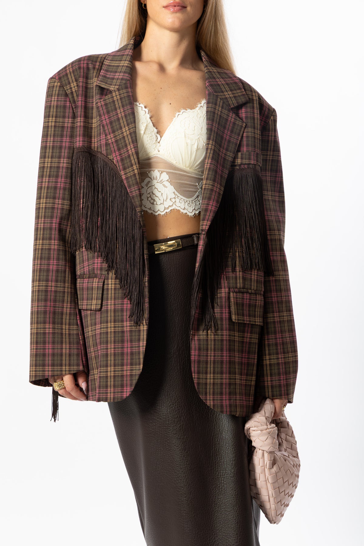 Blazer frange tartan marrone e rosa