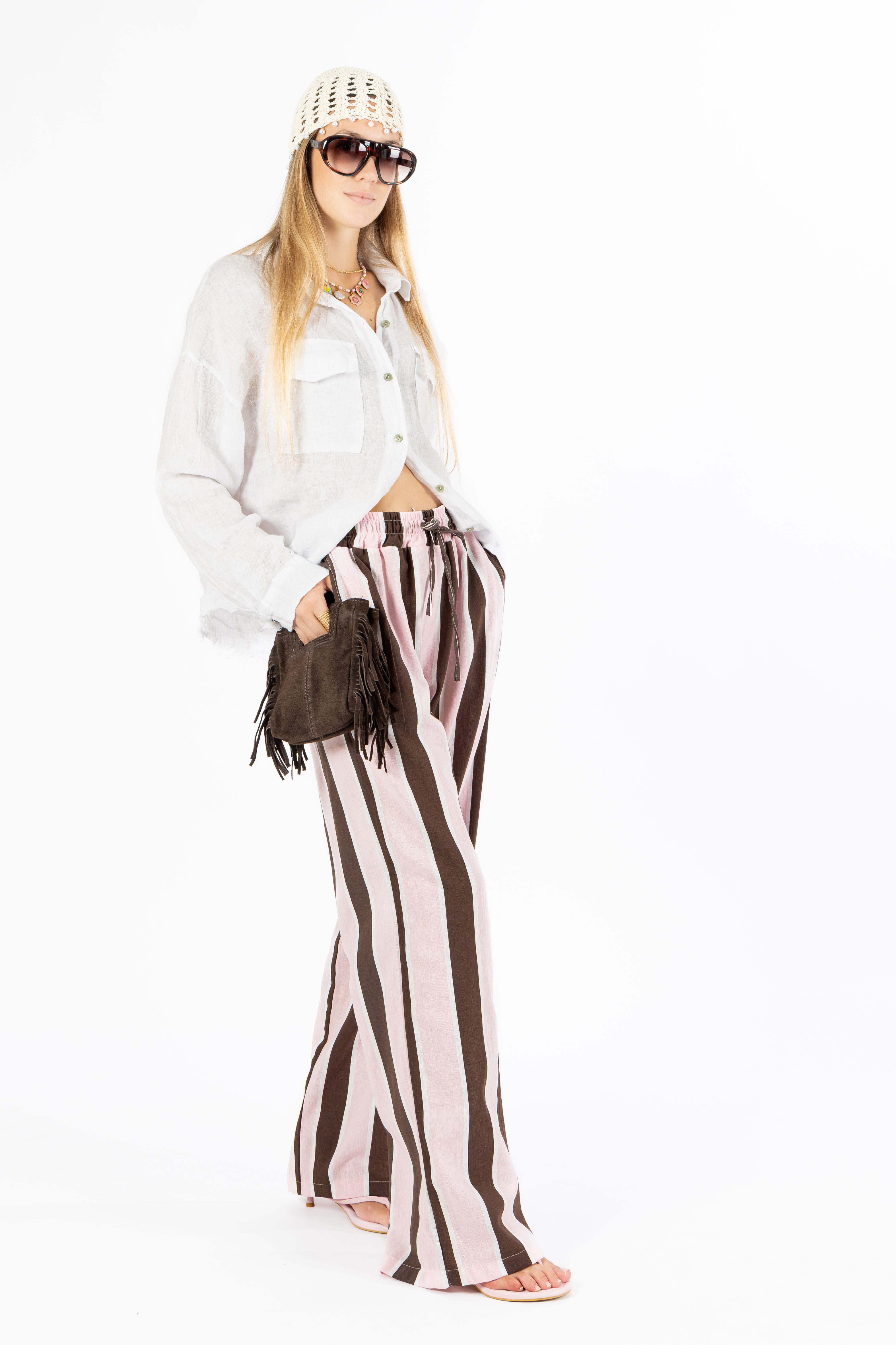 Pantalone a righe rosa e marrone