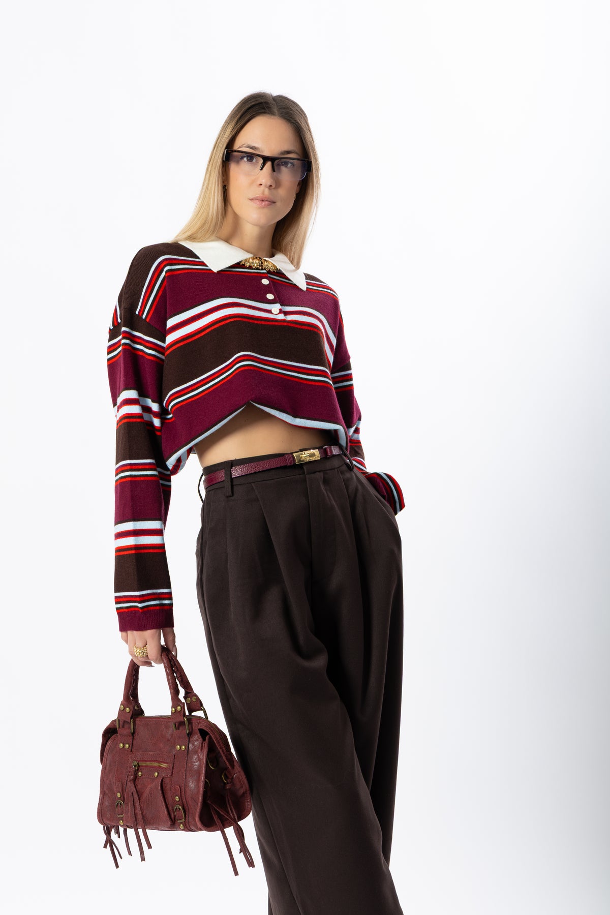 Polo a righe bordeaux e marrone