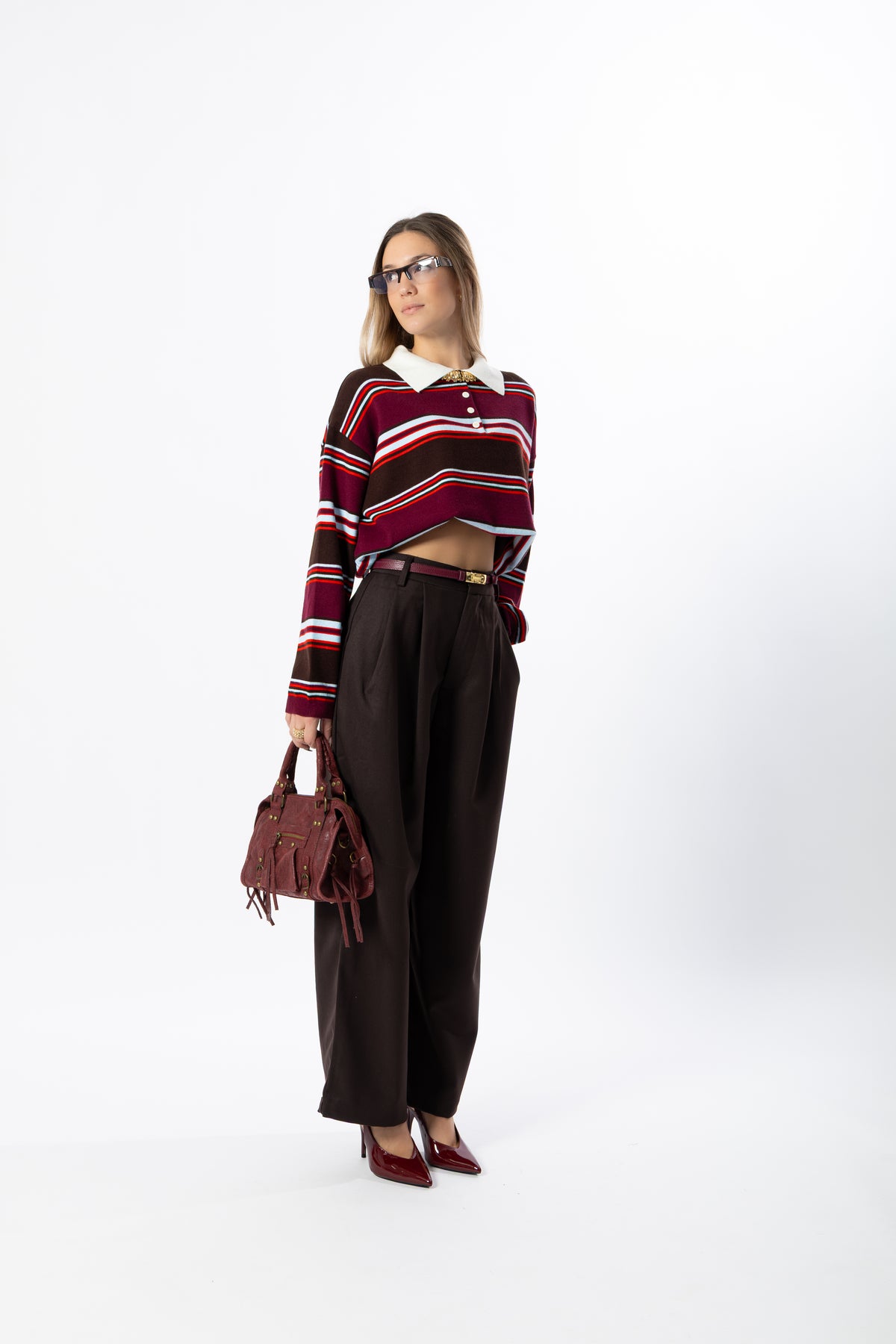 Polo a righe bordeaux e marrone