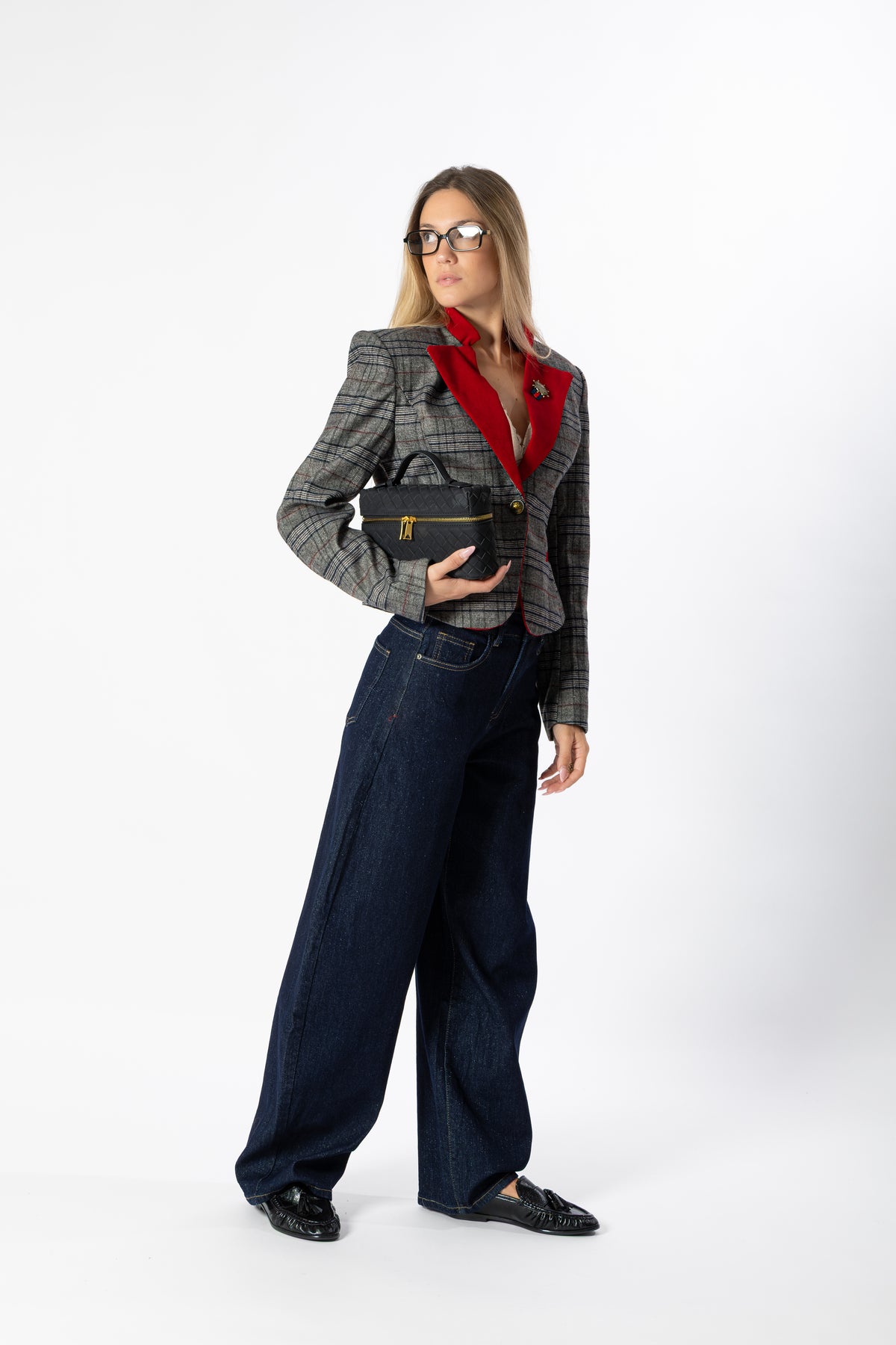 Blazer cropped tartan rosso