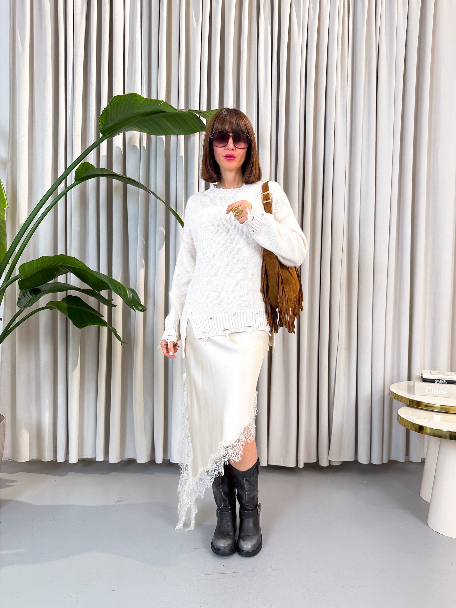 Pullover over girocollo panna