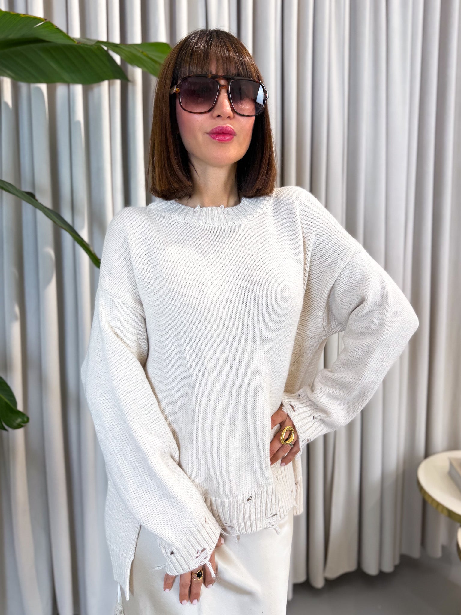 Pullover over girocollo panna