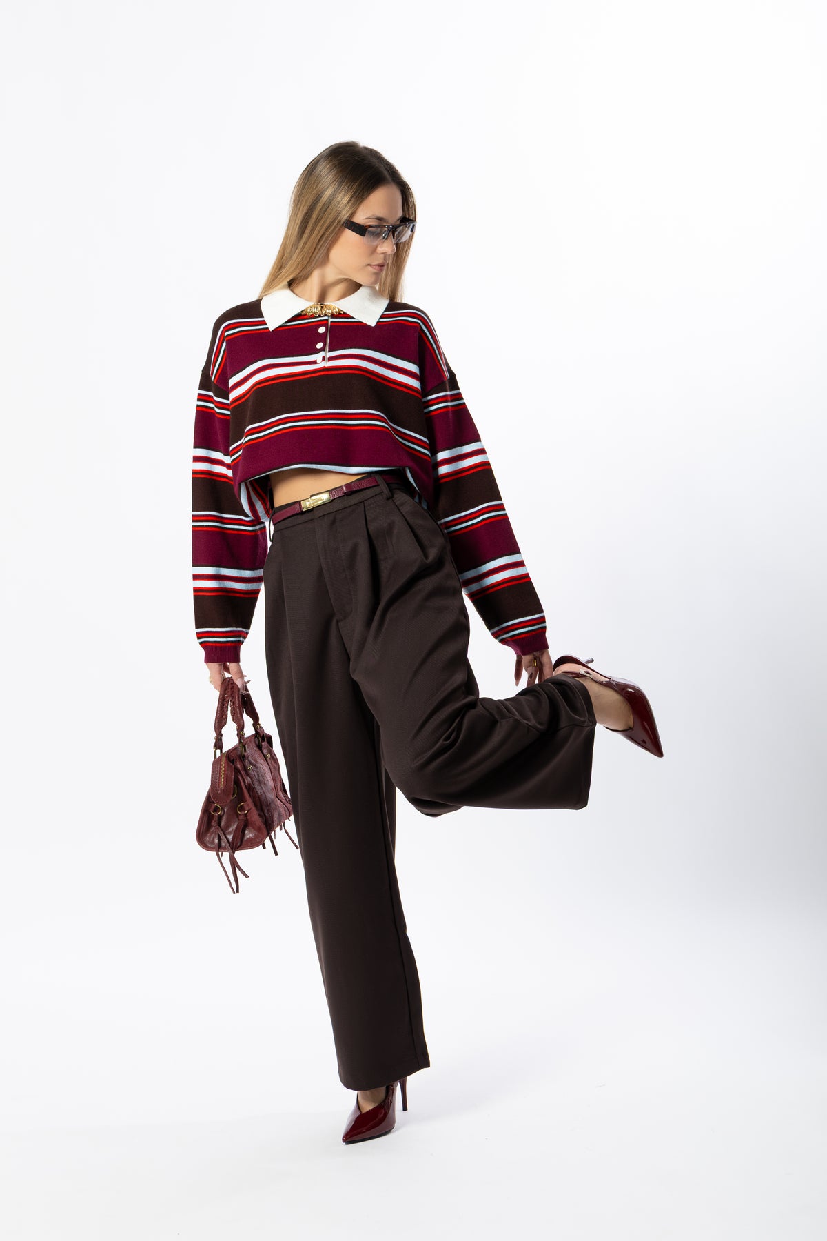 Polo a righe bordeaux e marrone