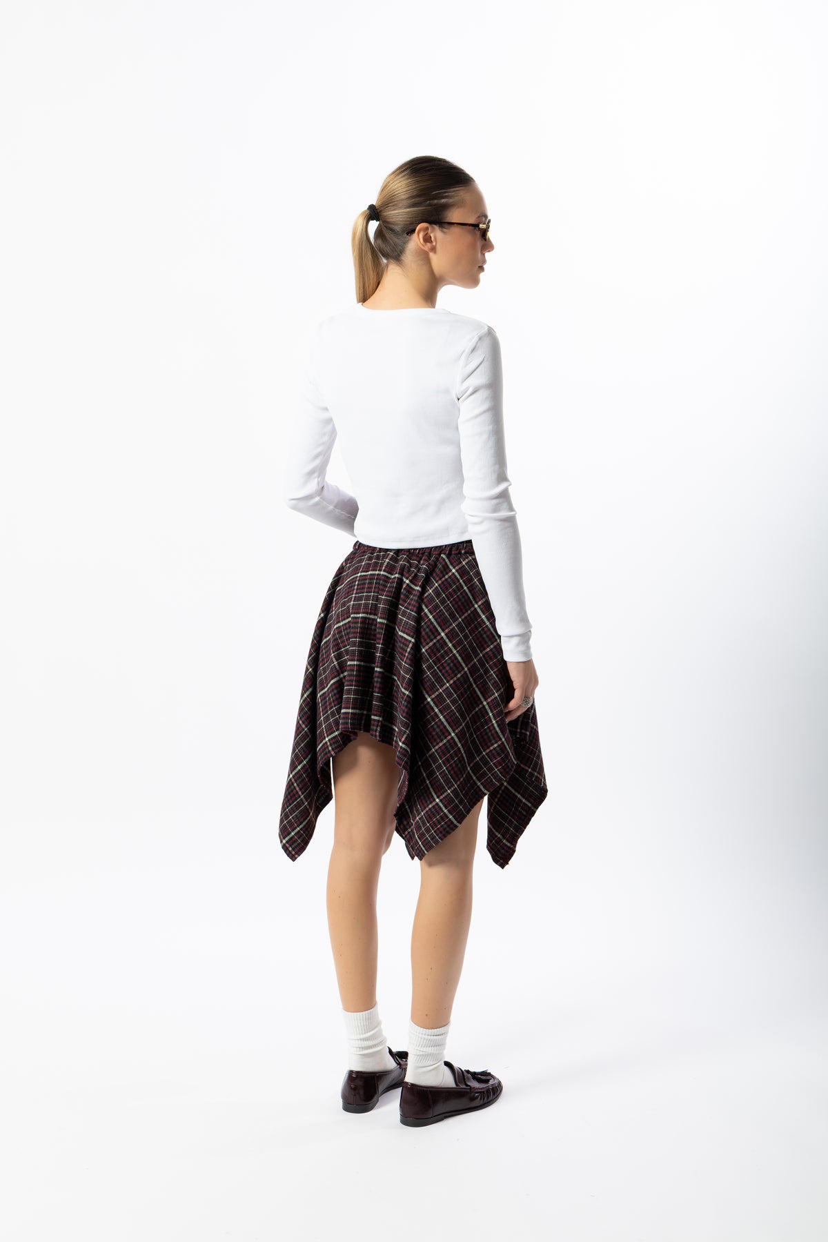 Gonna corta tartan bordeaux