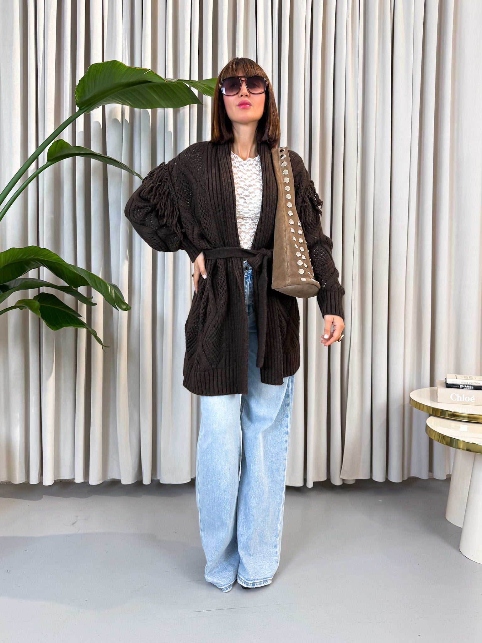 Cardigan frange marrone