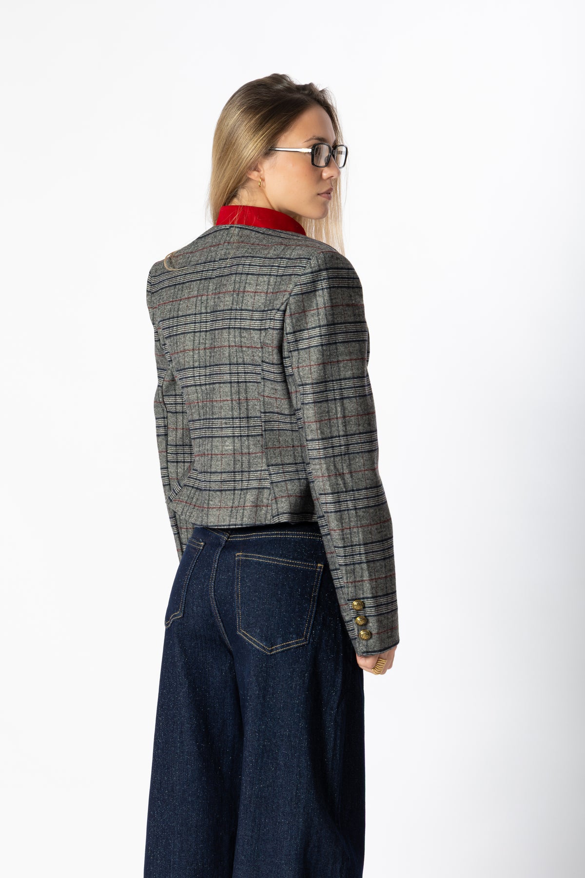 Blazer cropped tartan rosso