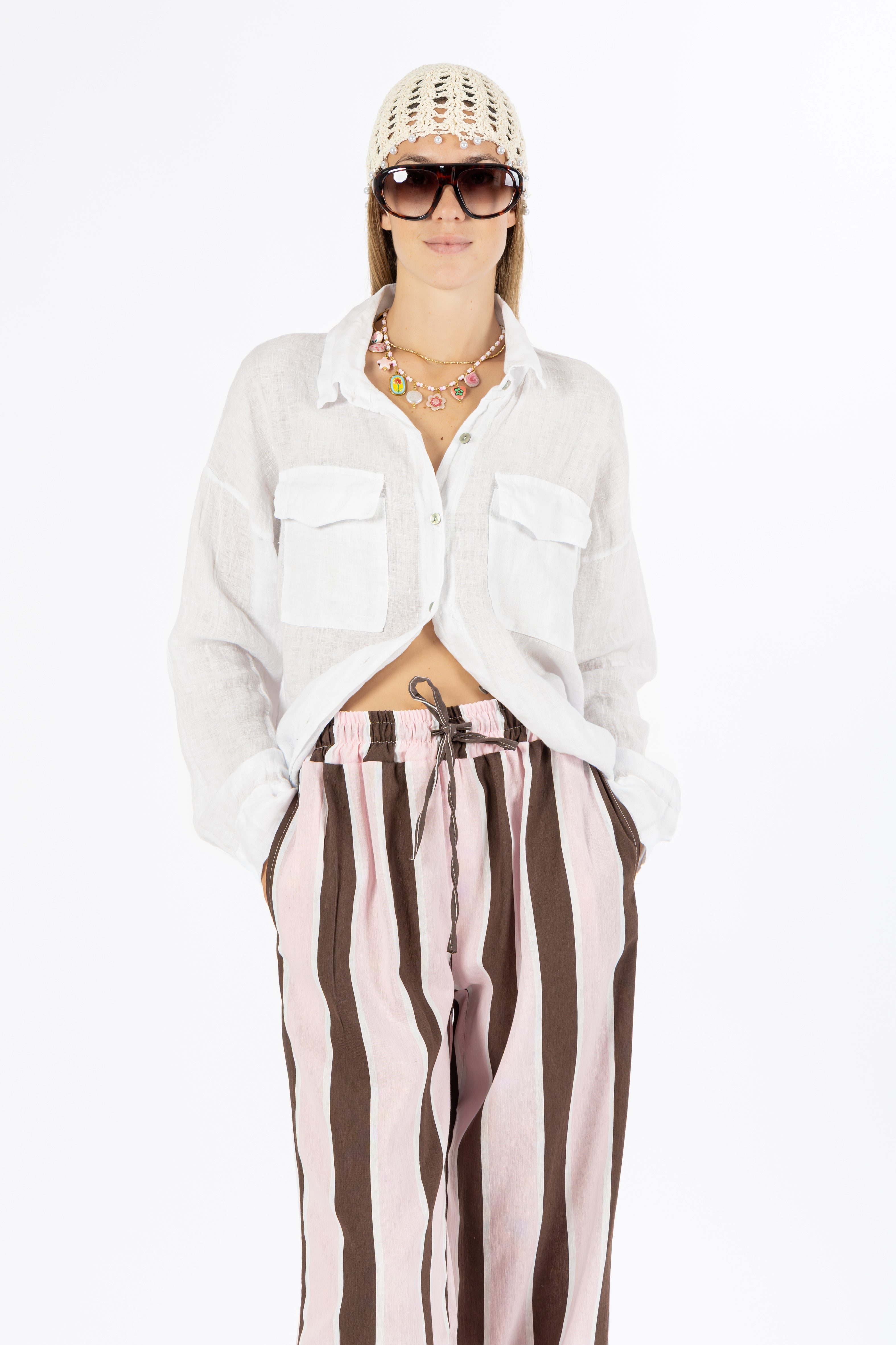 Pantalone a righe rosa e marrone