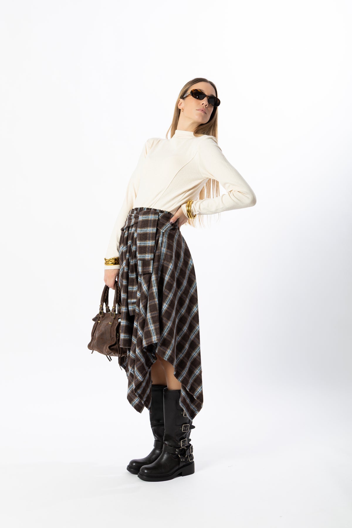 Gonna midi tartan marrone