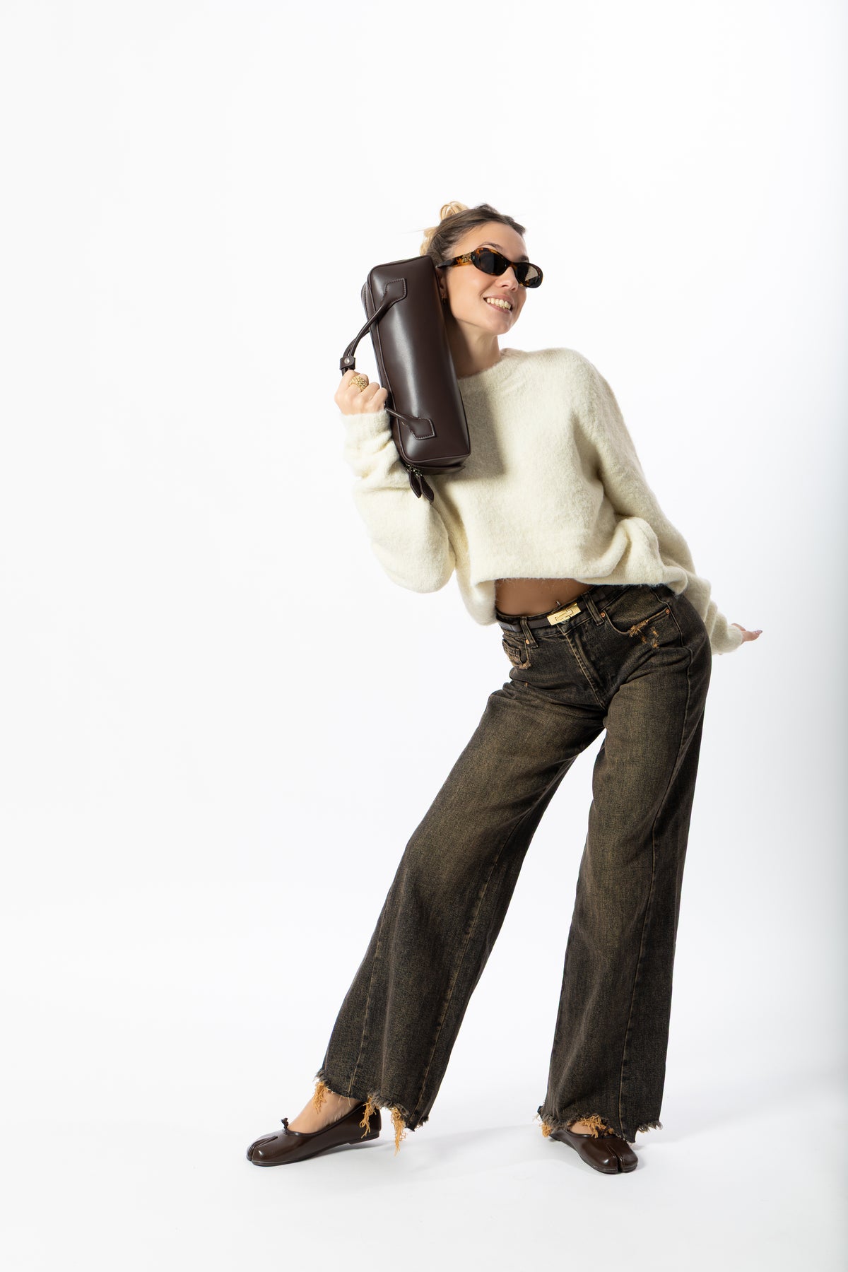 Jeans wide leg marrone