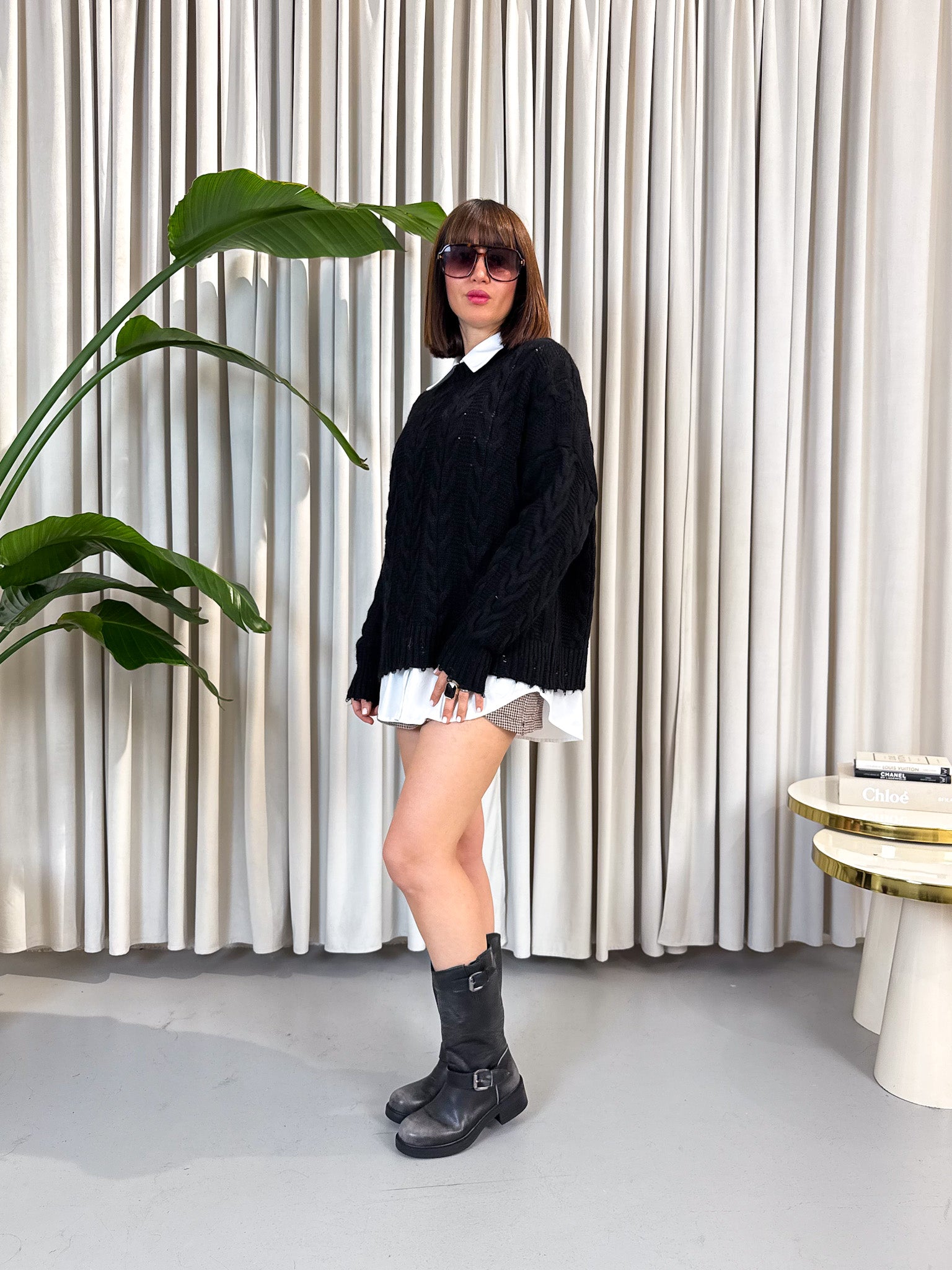 Pullover over trecce nero