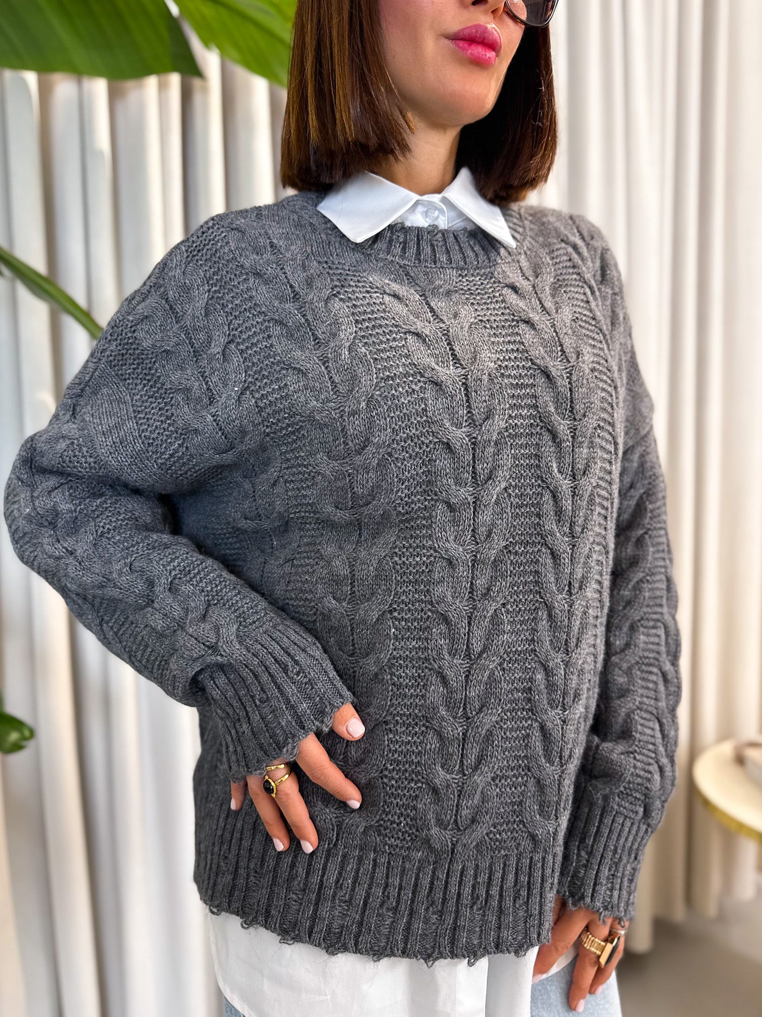 Pullover over trecce grigio