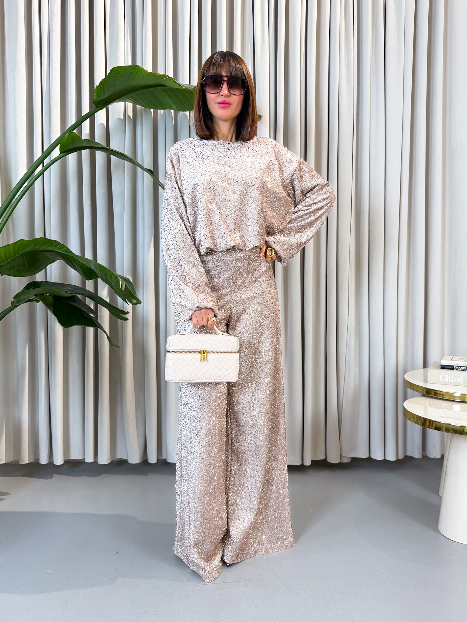 Pantalone paillettes rose gold