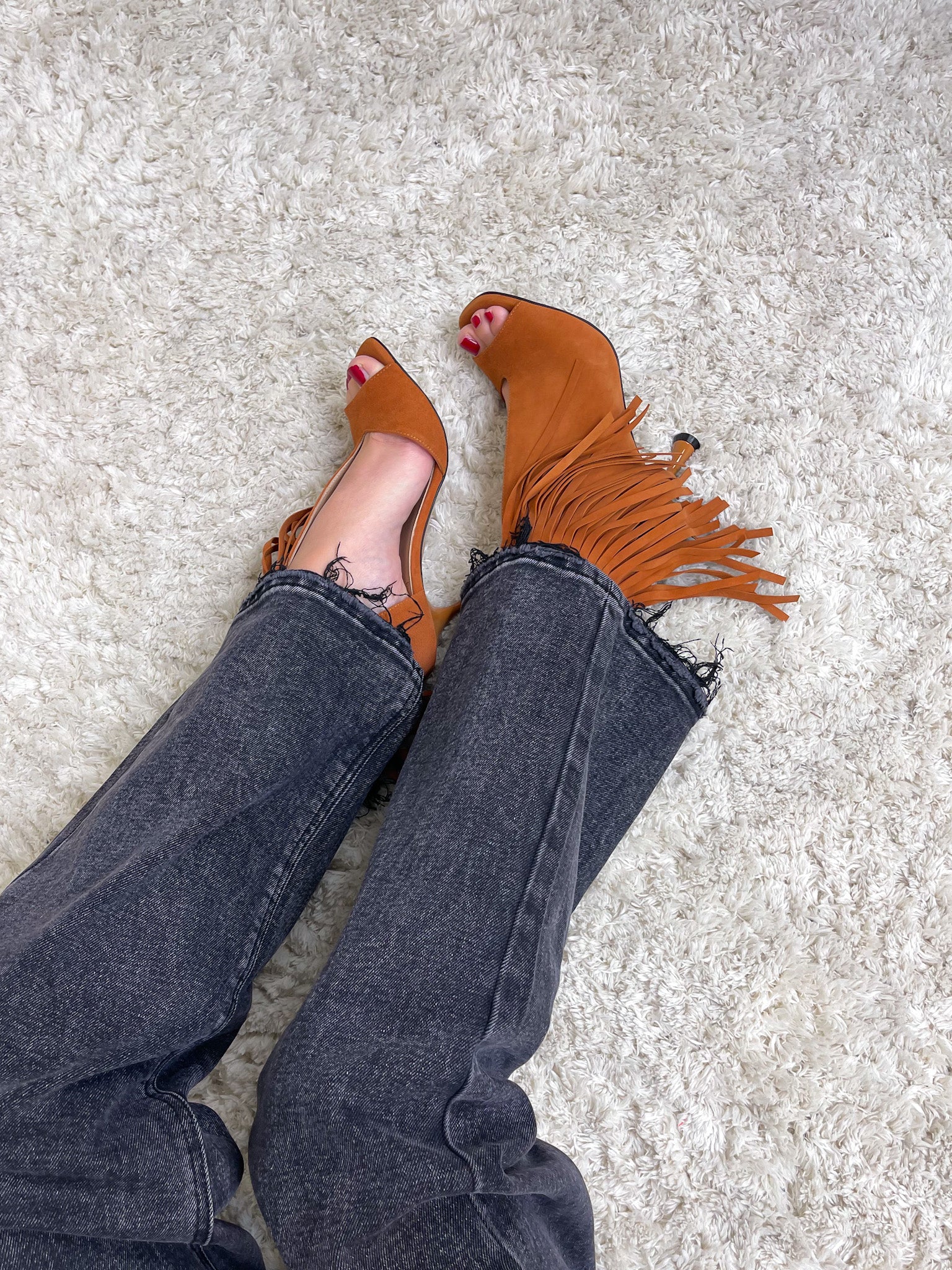 Sandalo frange open toe in suede color cuoio