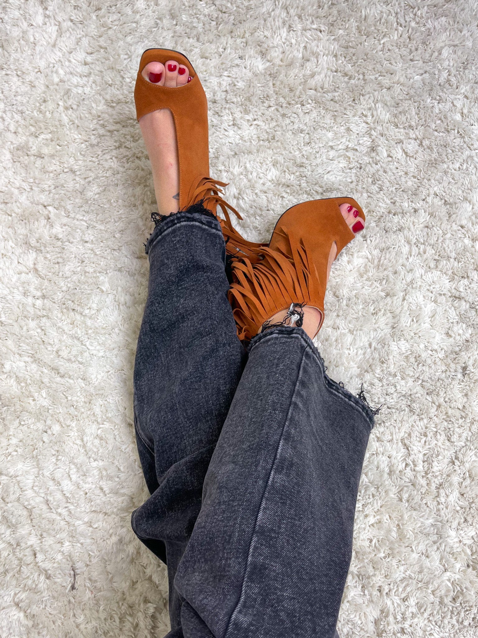 Sandalo frange open toe in suede color cuoio