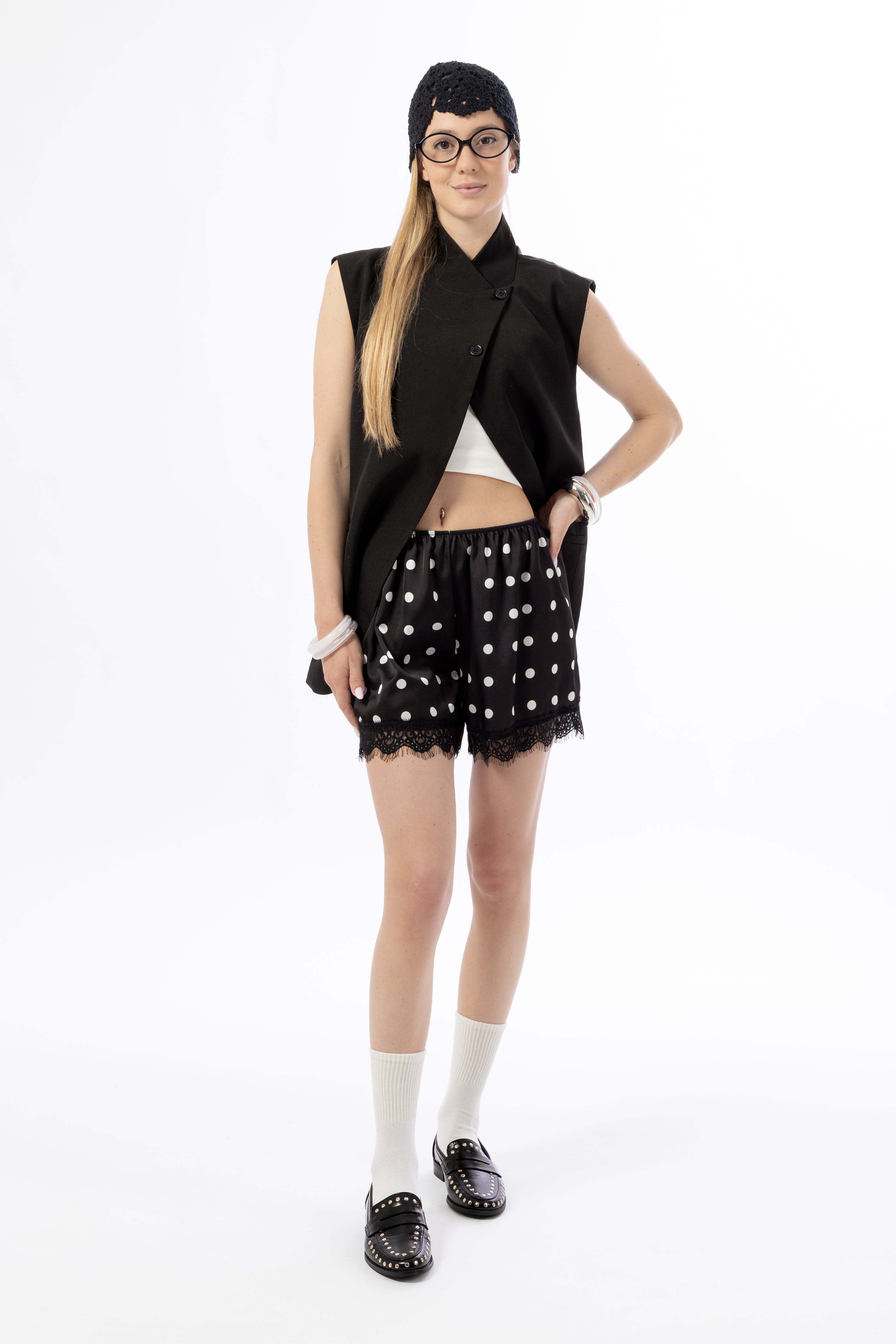 Short raso e pizzo a pois