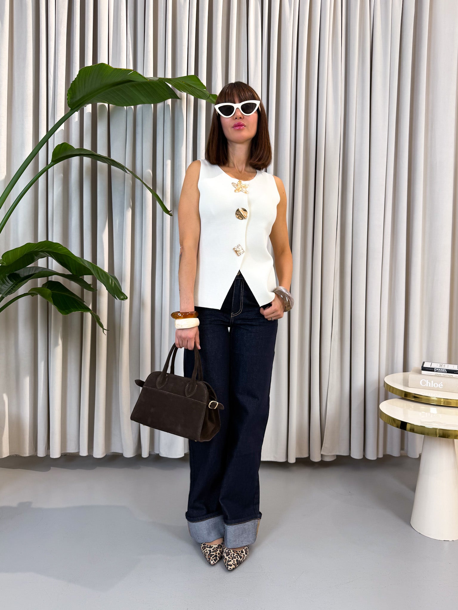 Jeans wide leg con risvolto