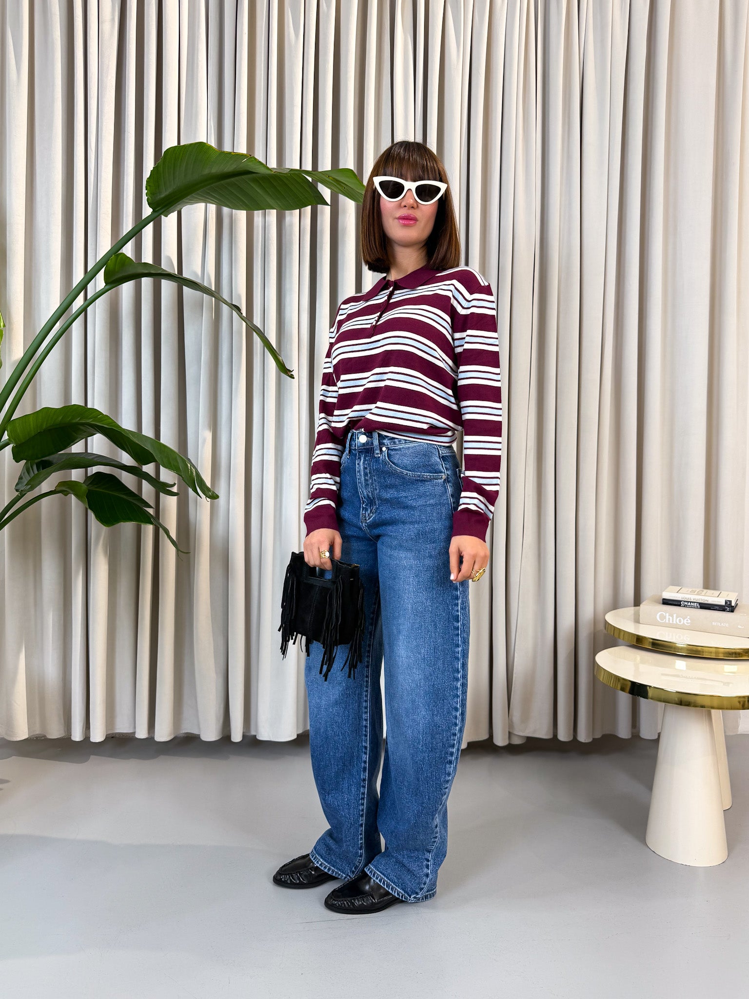 Pullover polo a righe bordeaux