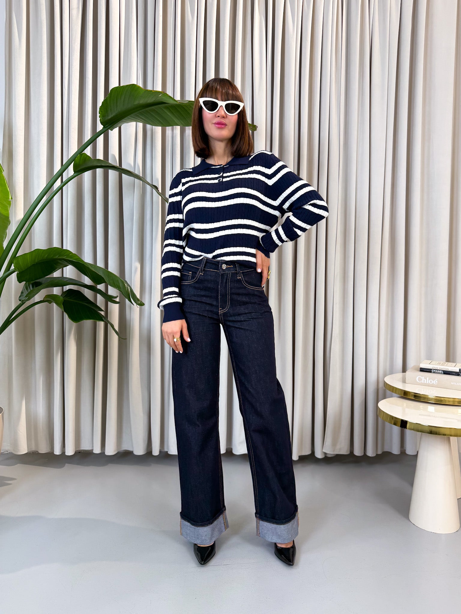 Pullover polo a righe blu