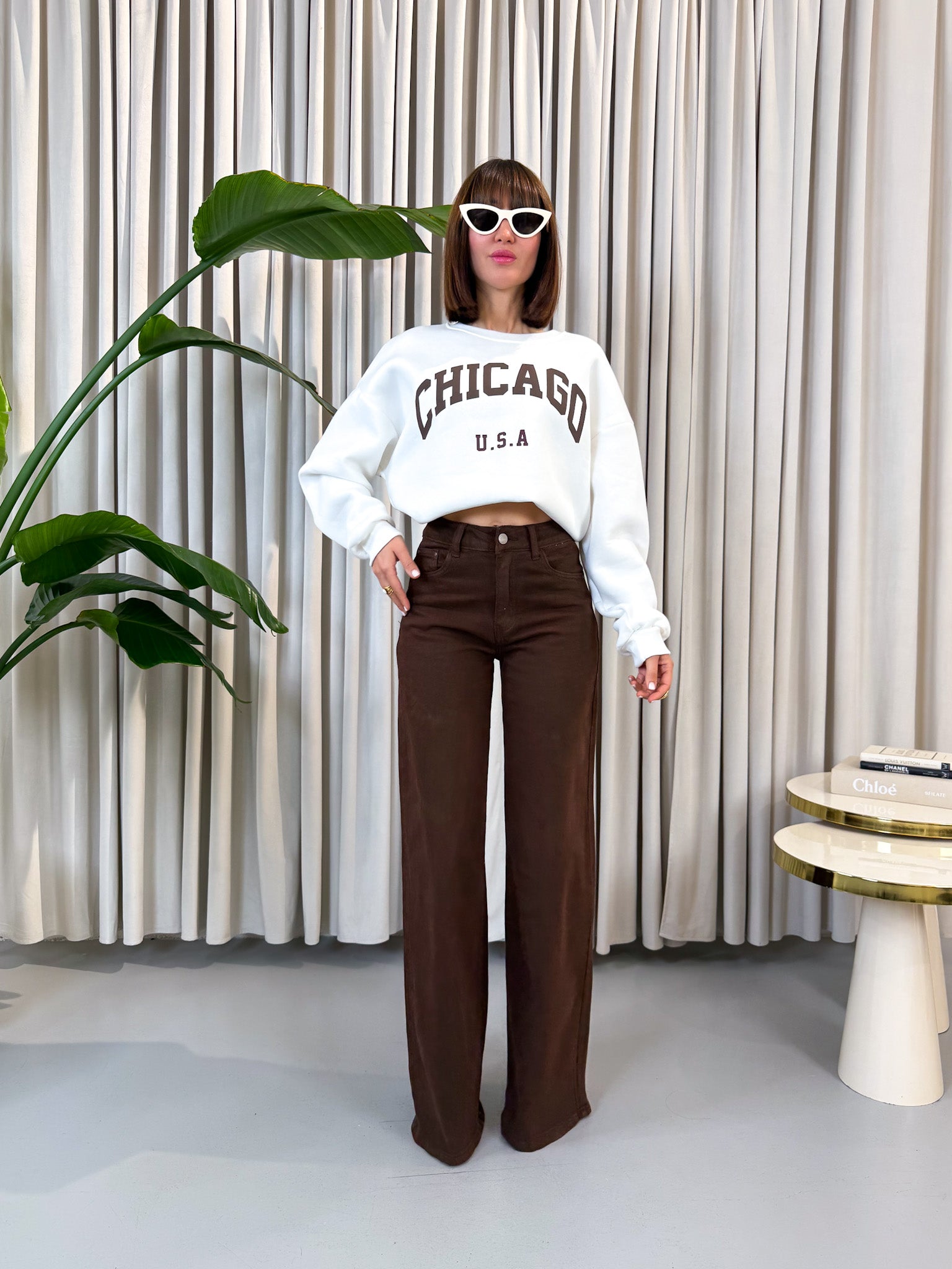 Jeans a palazzo marrone