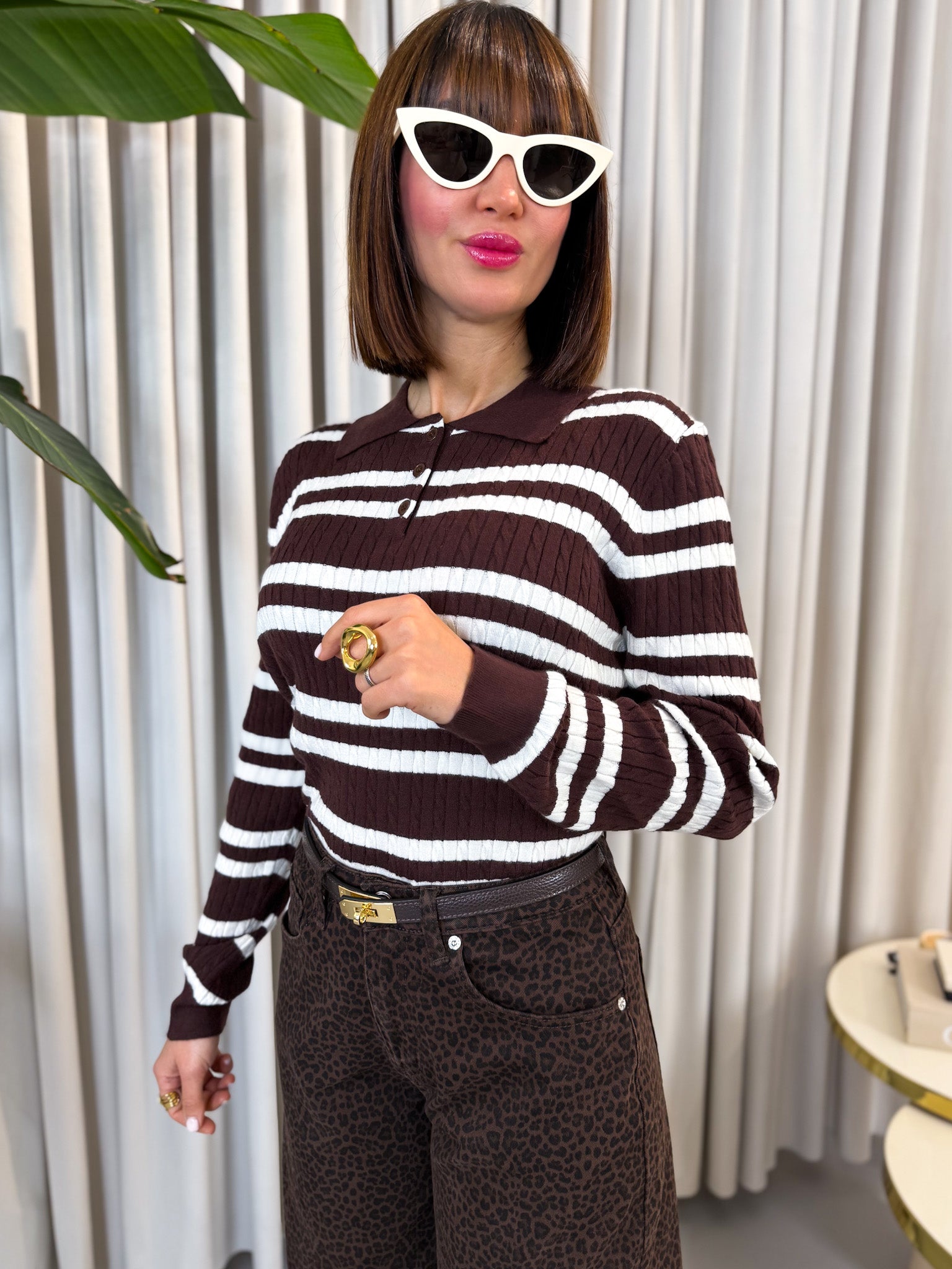 Pullover polo a righe marrone