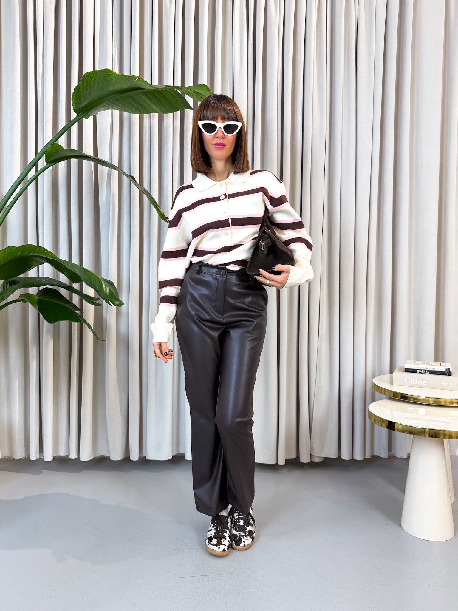 Pullover polo a righe panna