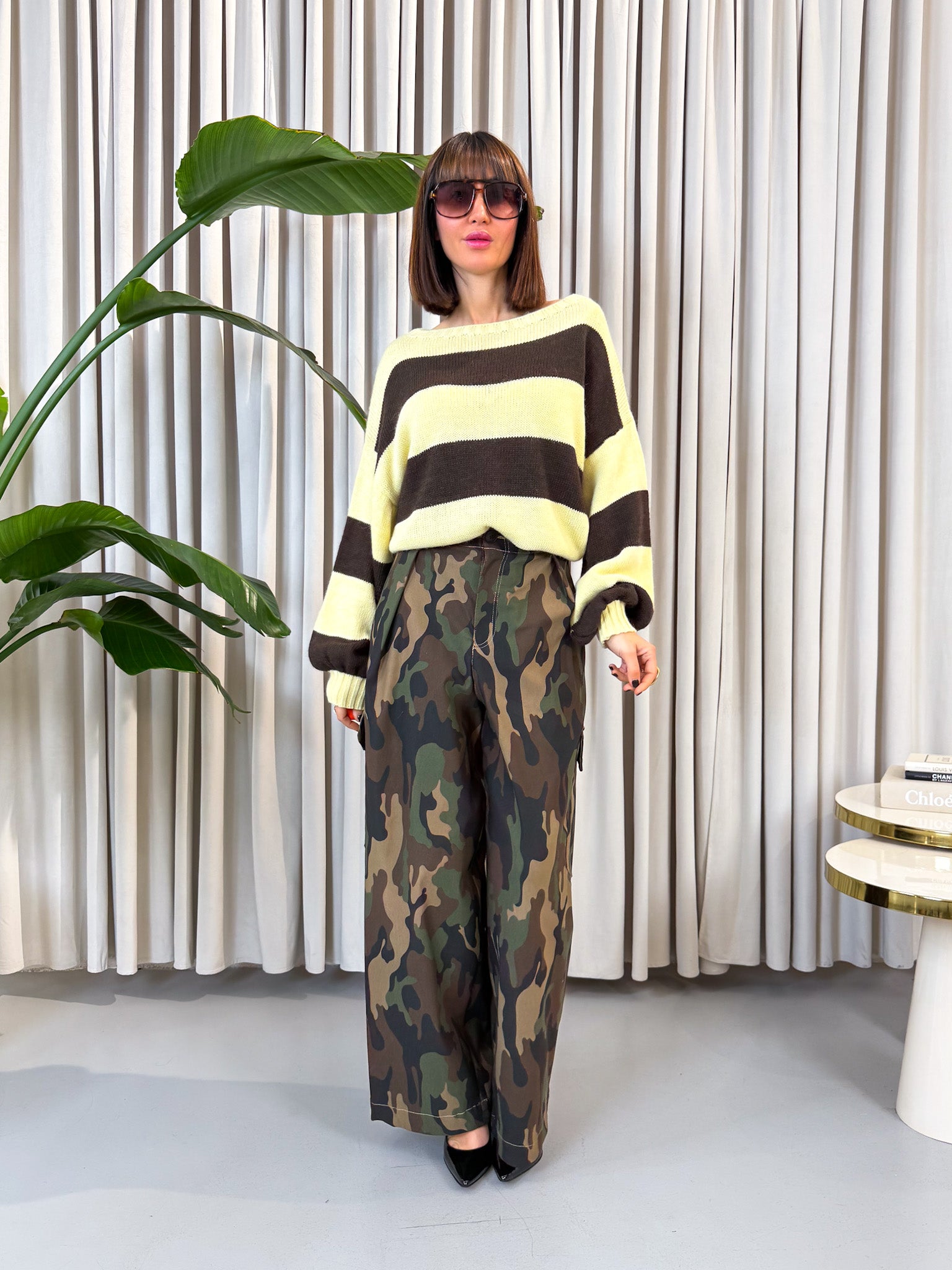 Pullover over a righe giallo