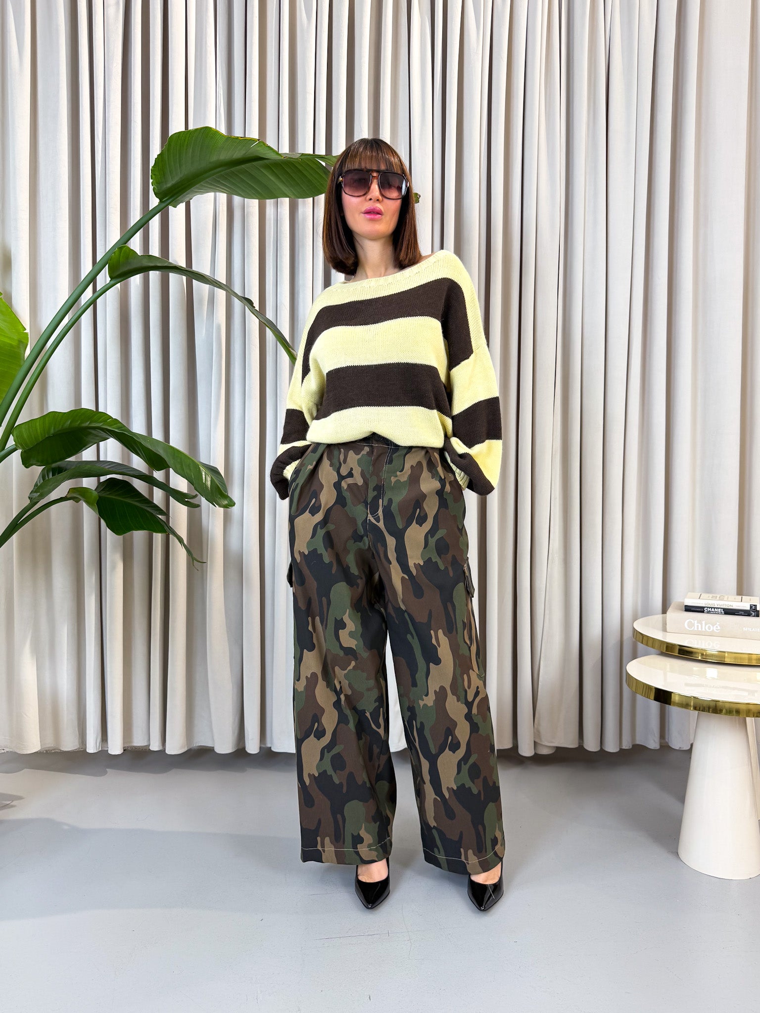 Pullover over a righe giallo