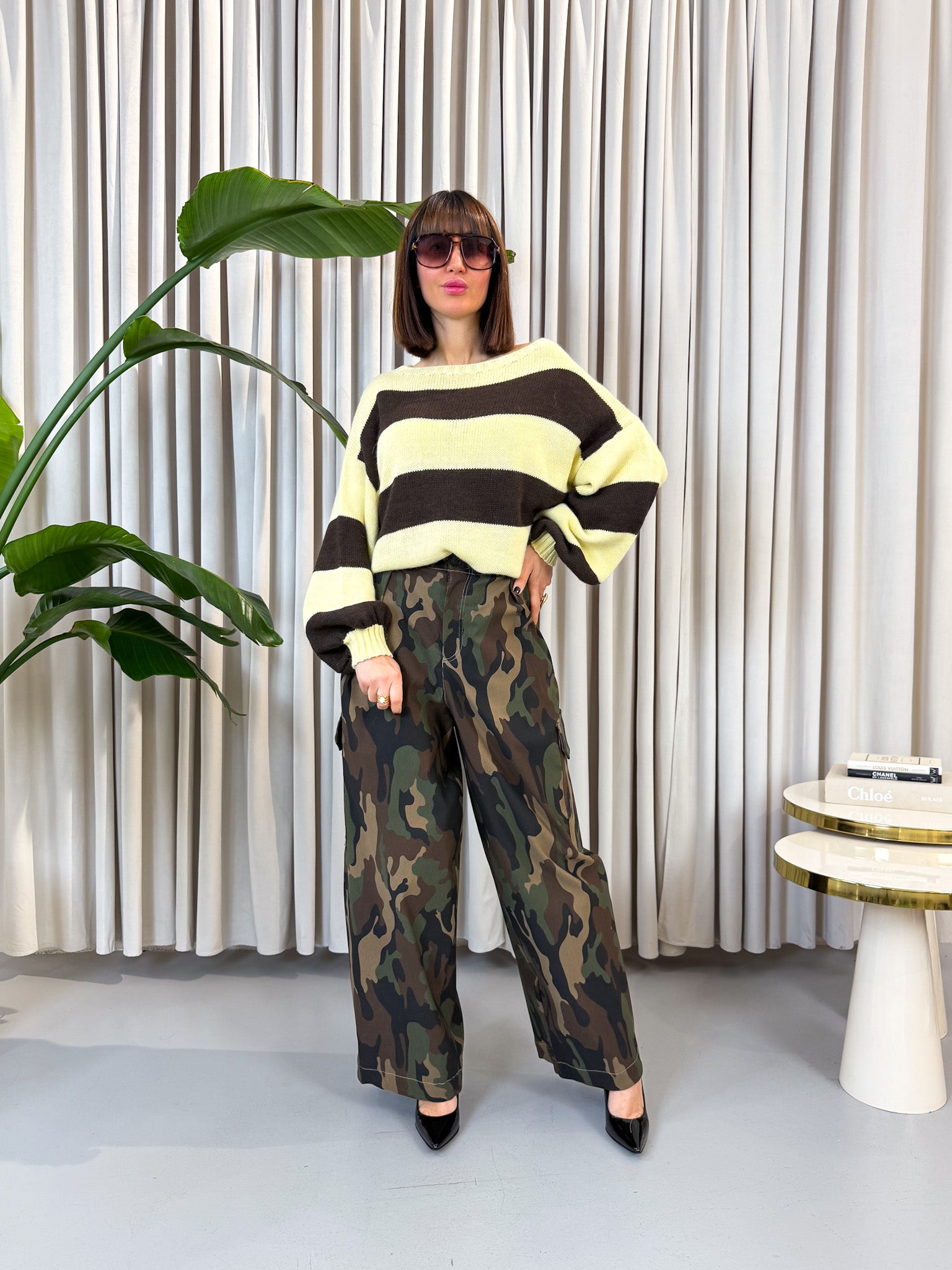 Pullover over a righe giallo