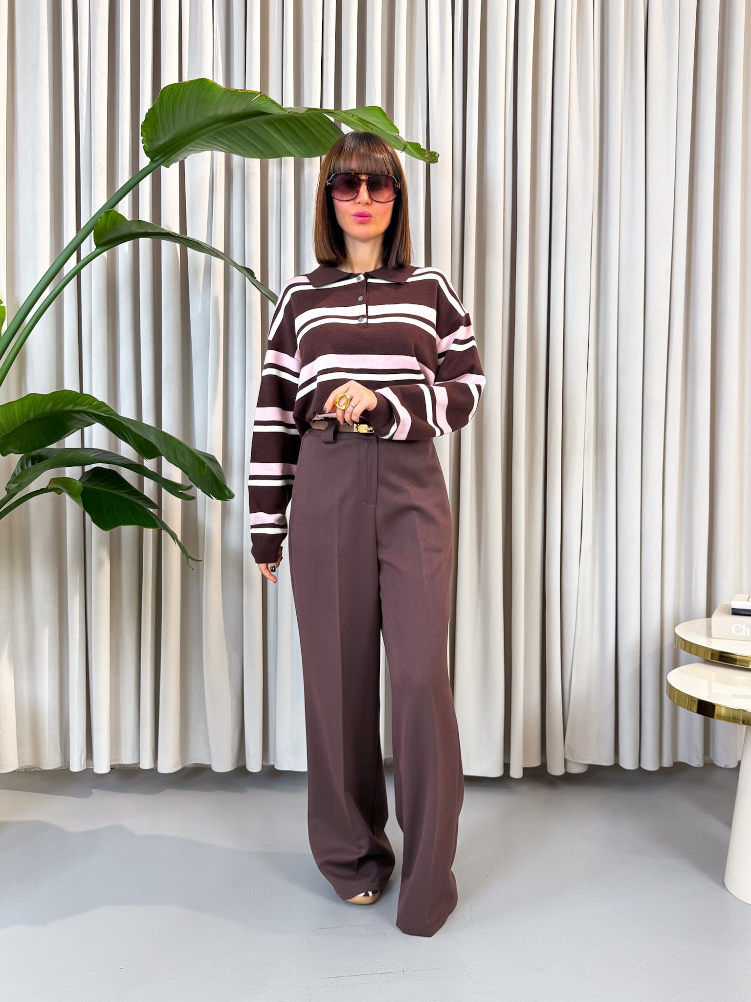 Pullover polo a righe rosa