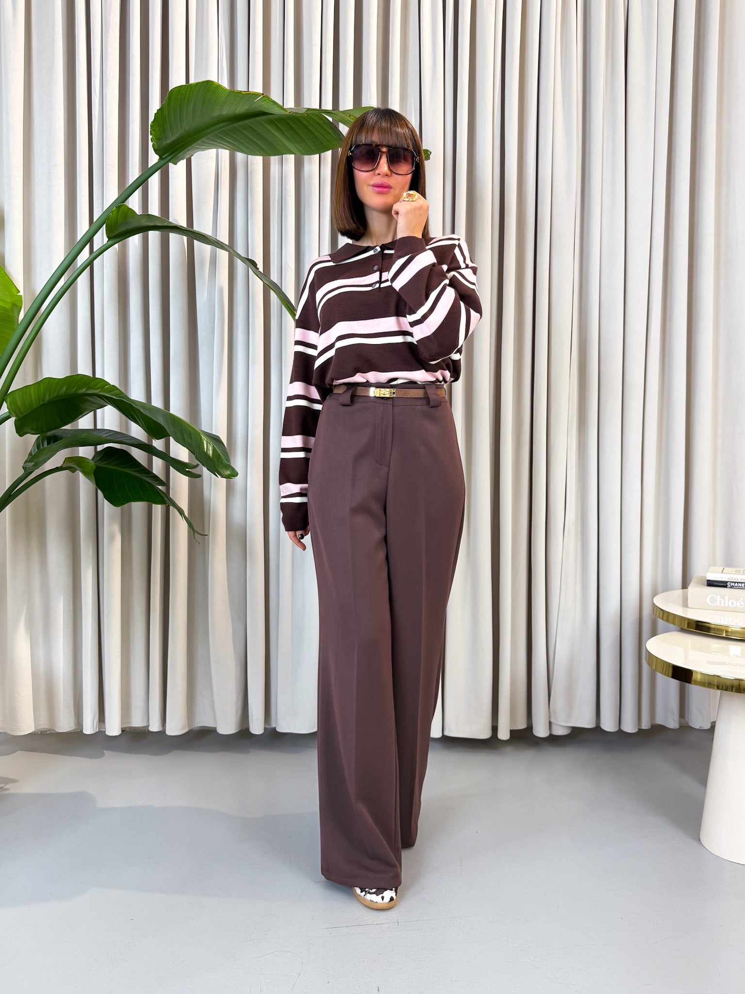 Pullover polo a righe rosa