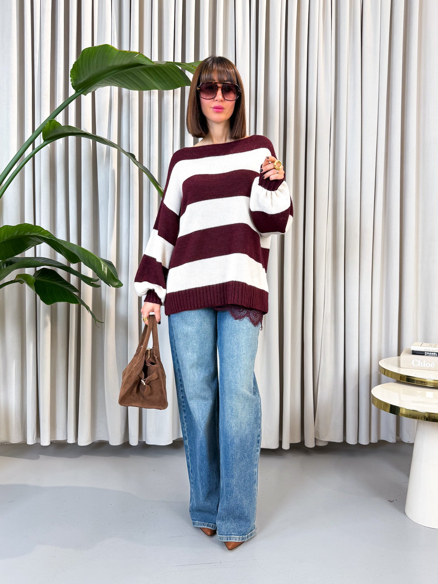 Pullover over a righe bordeaux