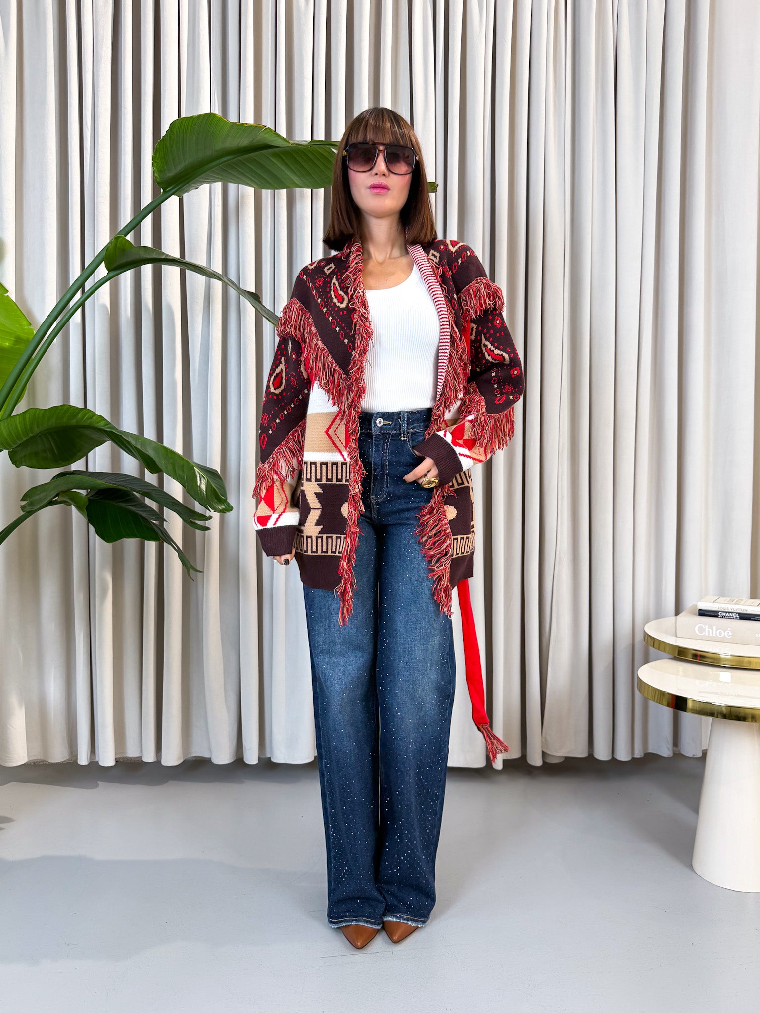 Cardigan etnico rosso e bordeaux