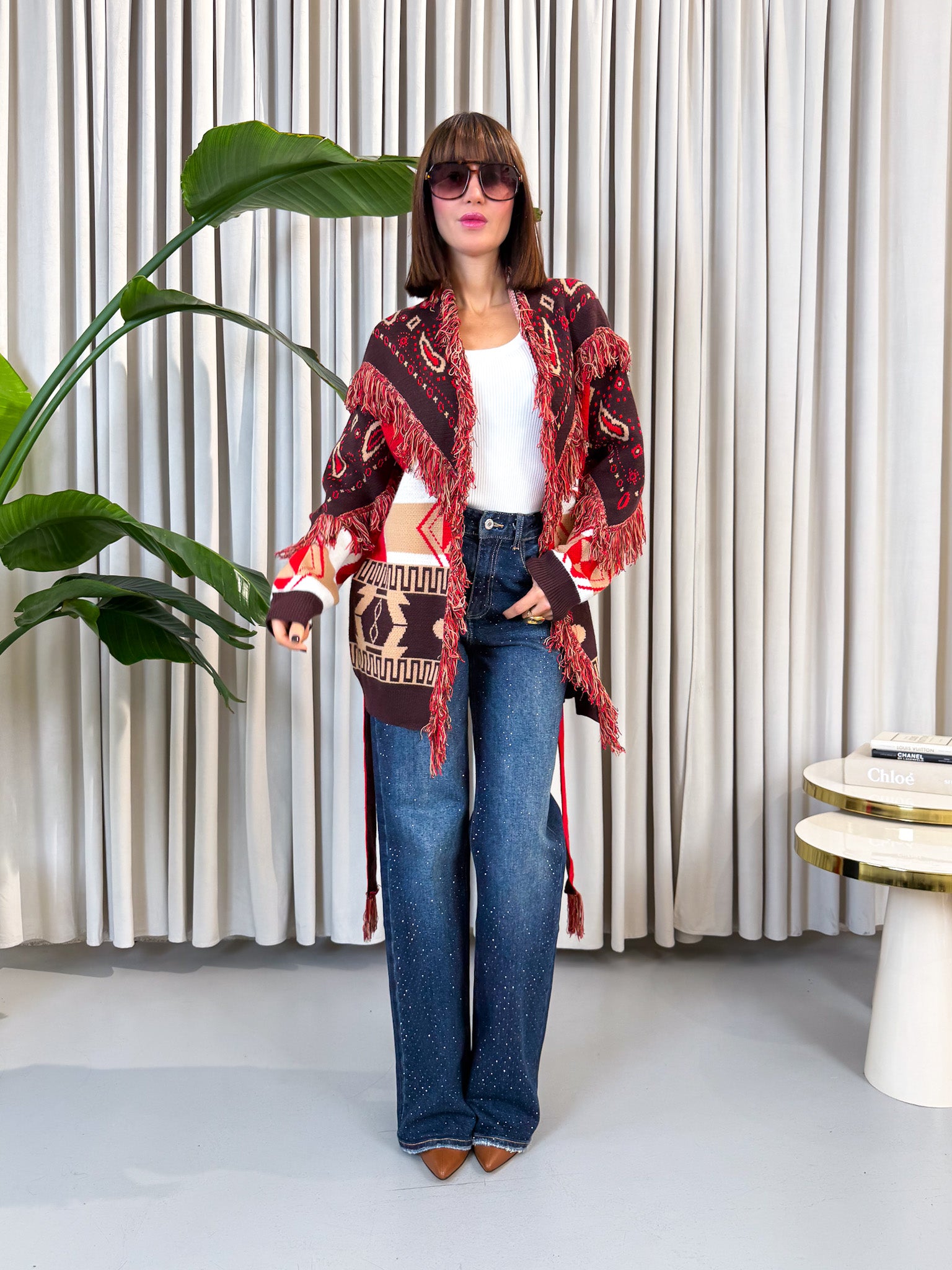 Cardigan etnico rosso e bordeaux