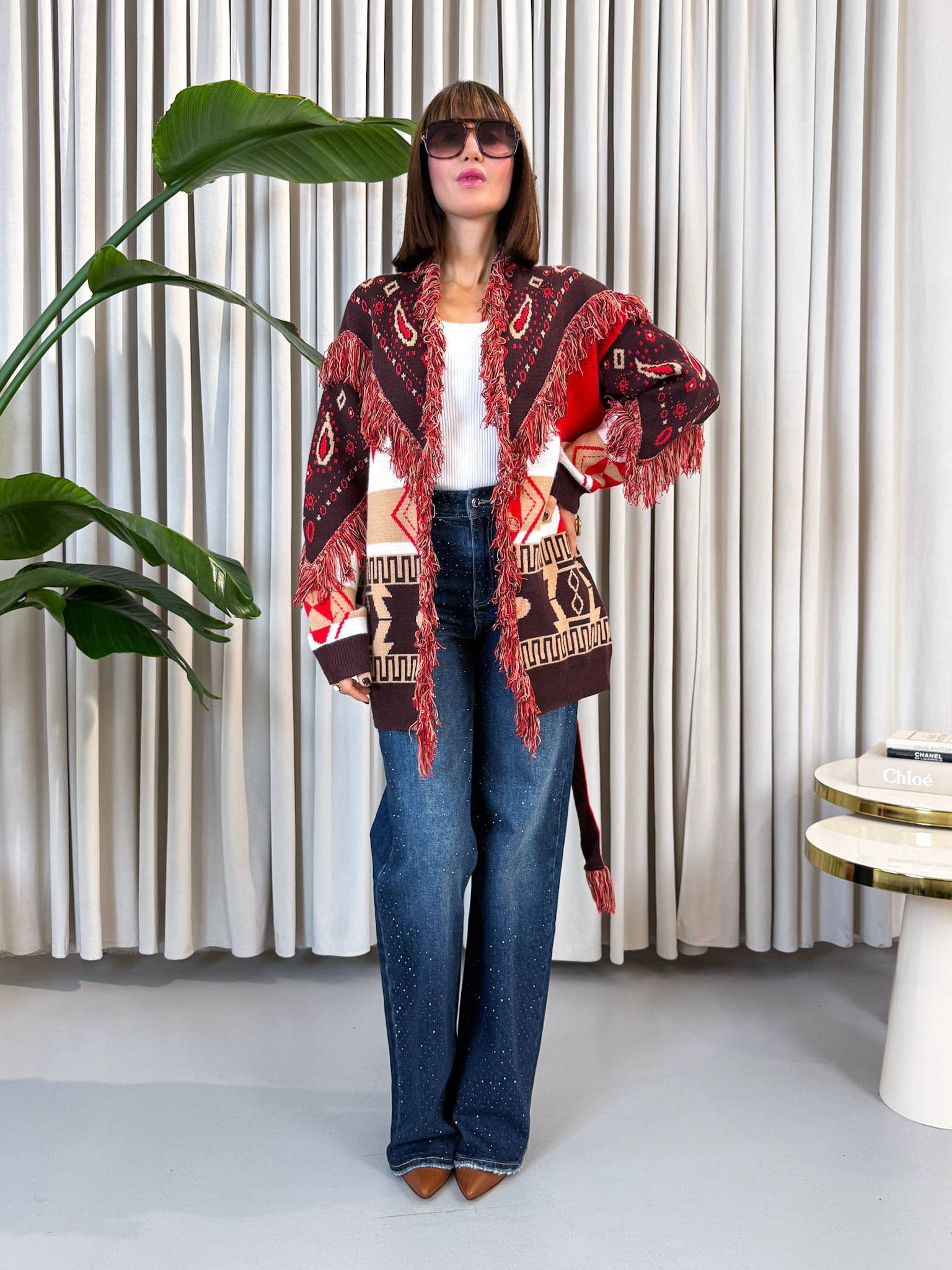 Cardigan etnico rosso e bordeaux