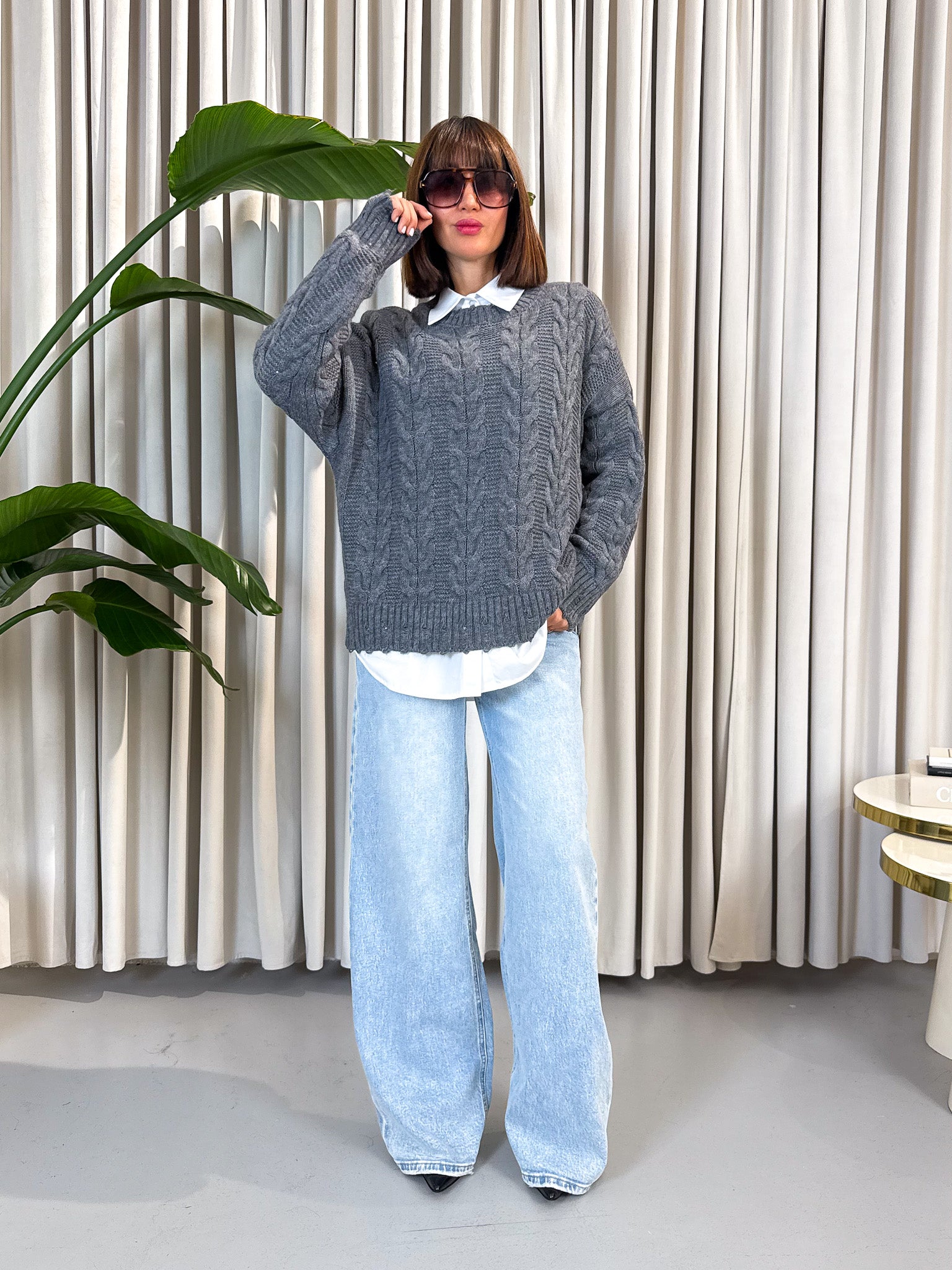 Pullover over trecce grigio