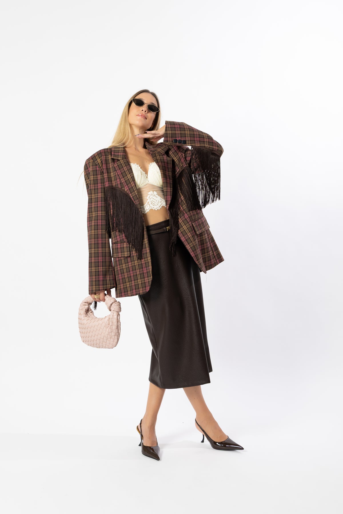 Blazer frange tartan marrone e rosa