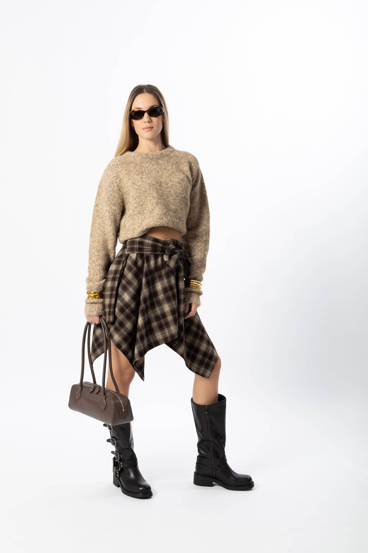 Gonna corta tartan marrone