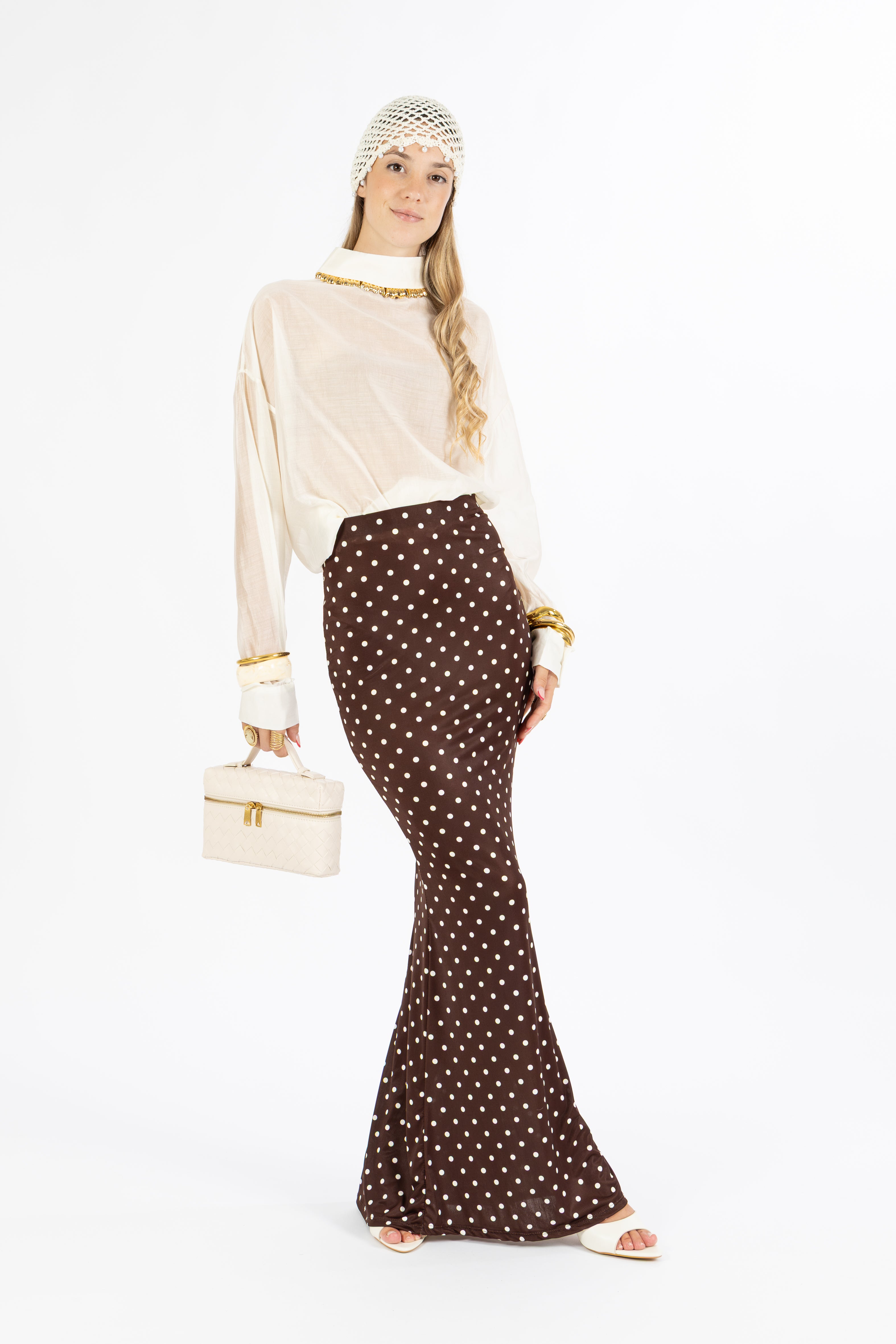 Gonna lunga marrone con pois
