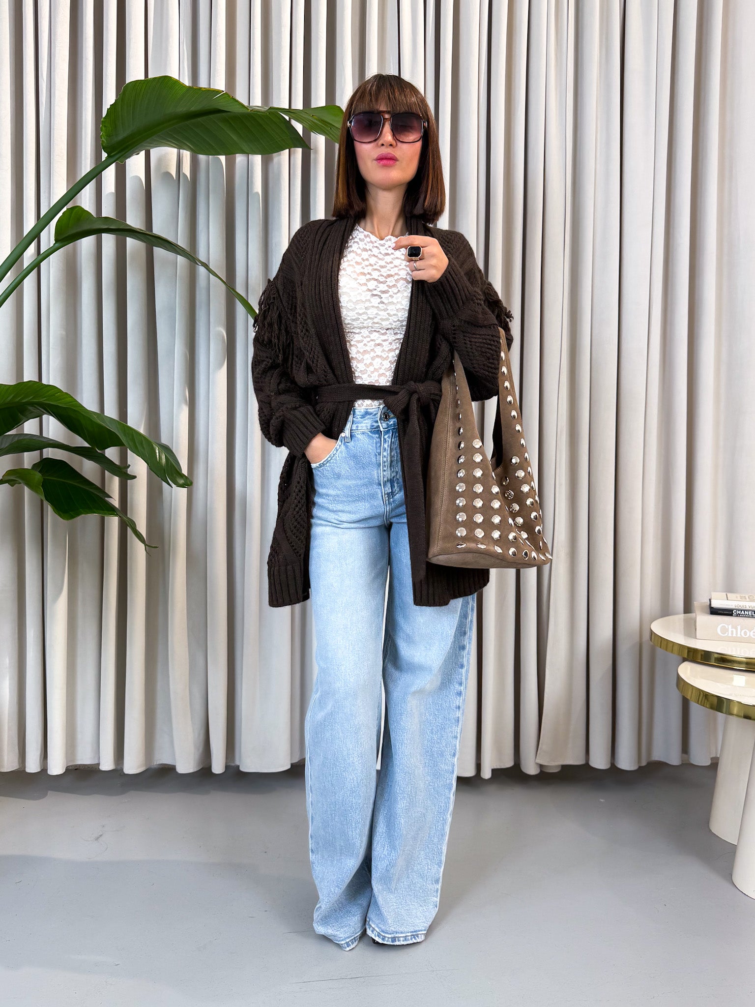 Cardigan frange marrone