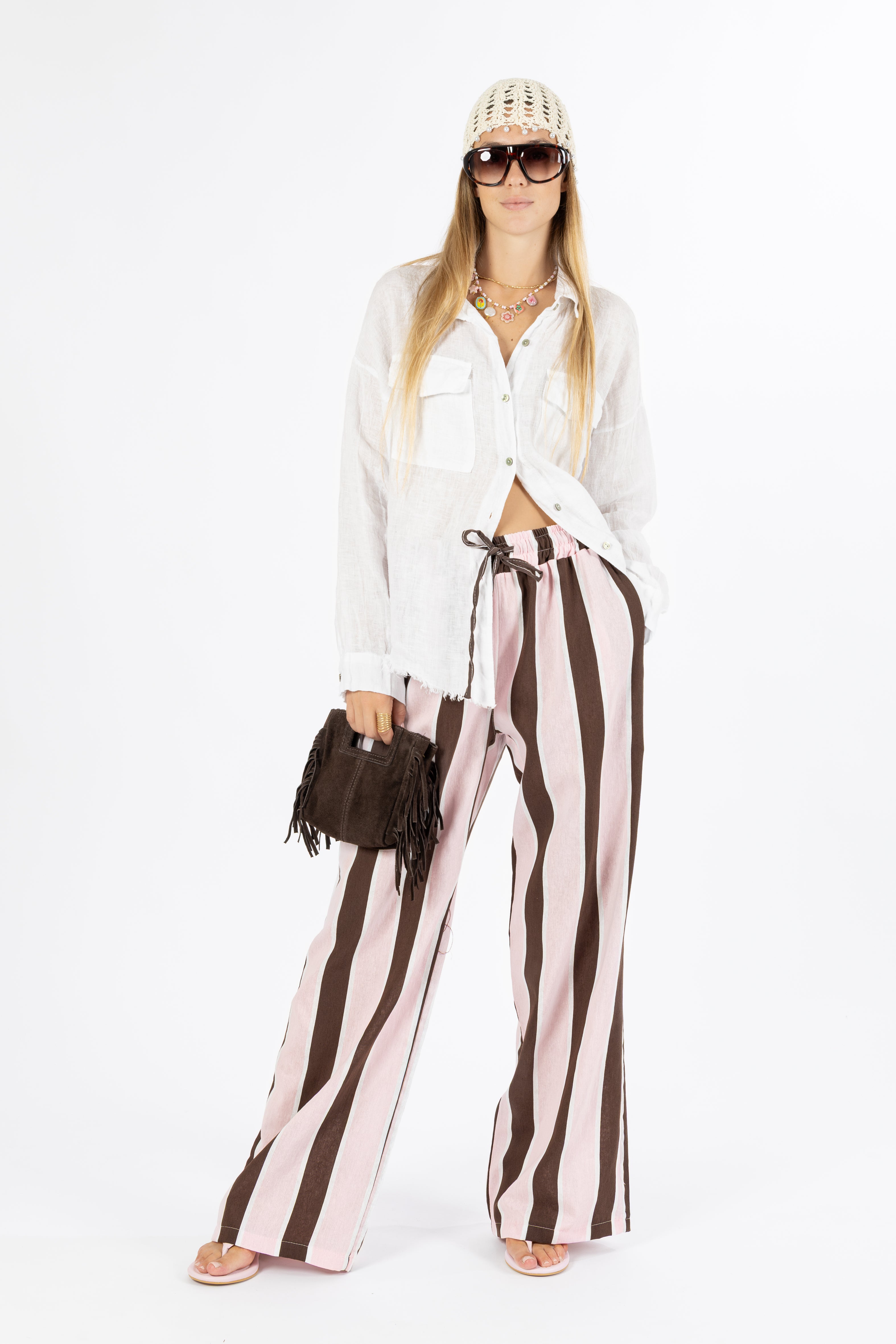 Pantalone a righe rosa e marrone