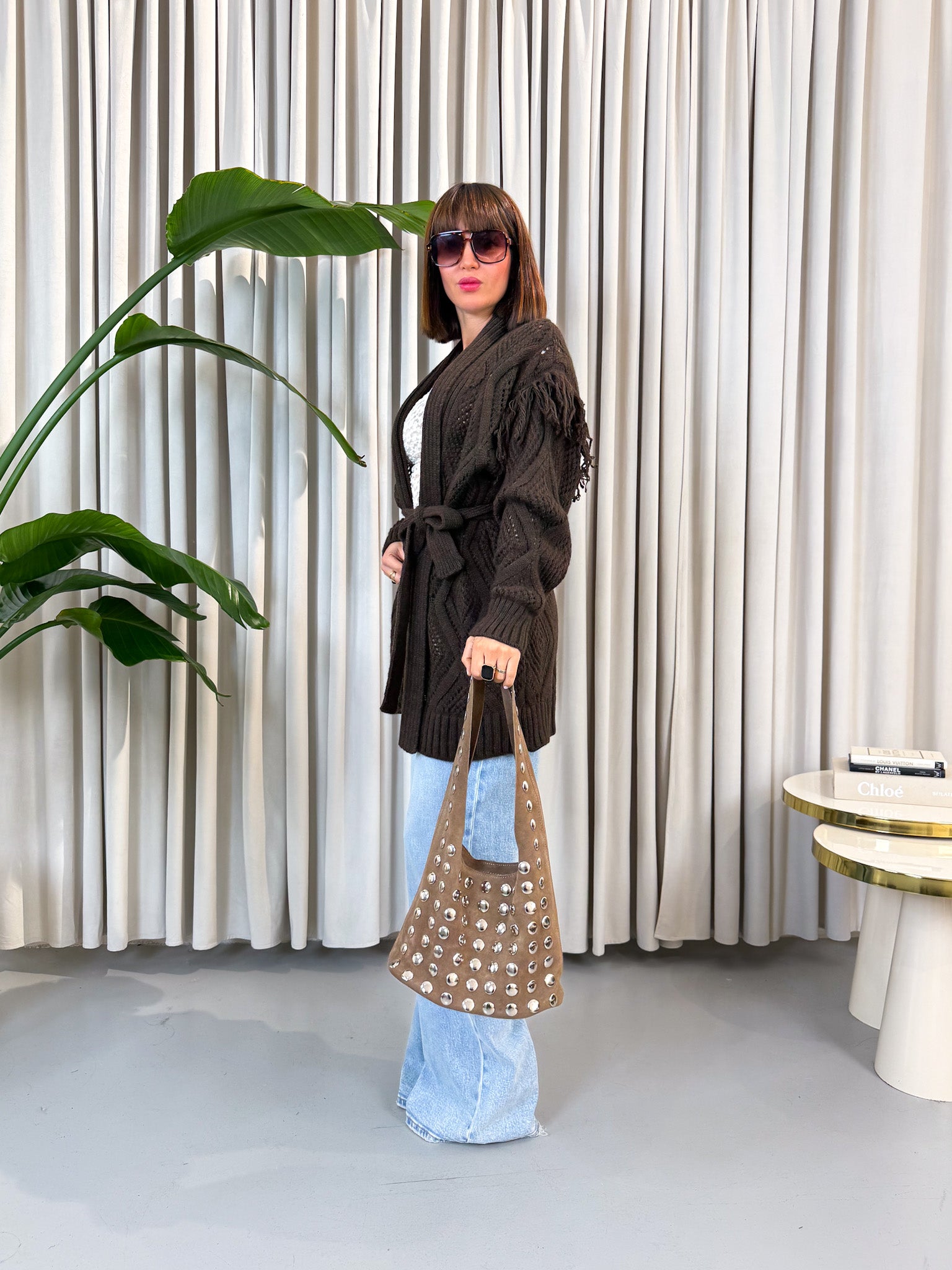 Cardigan frange marrone