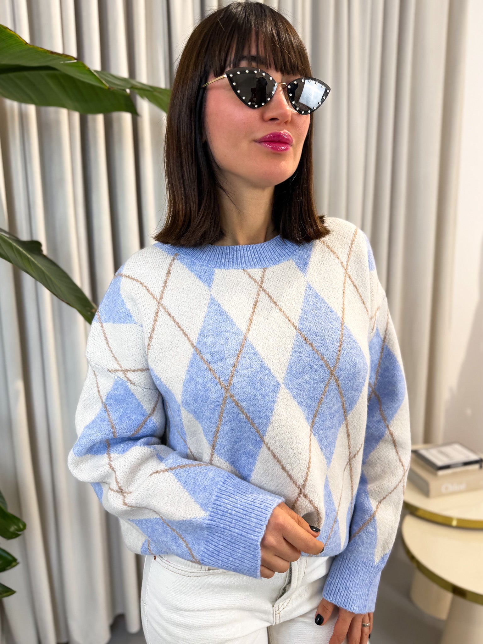 Pullover rombi azzurro
