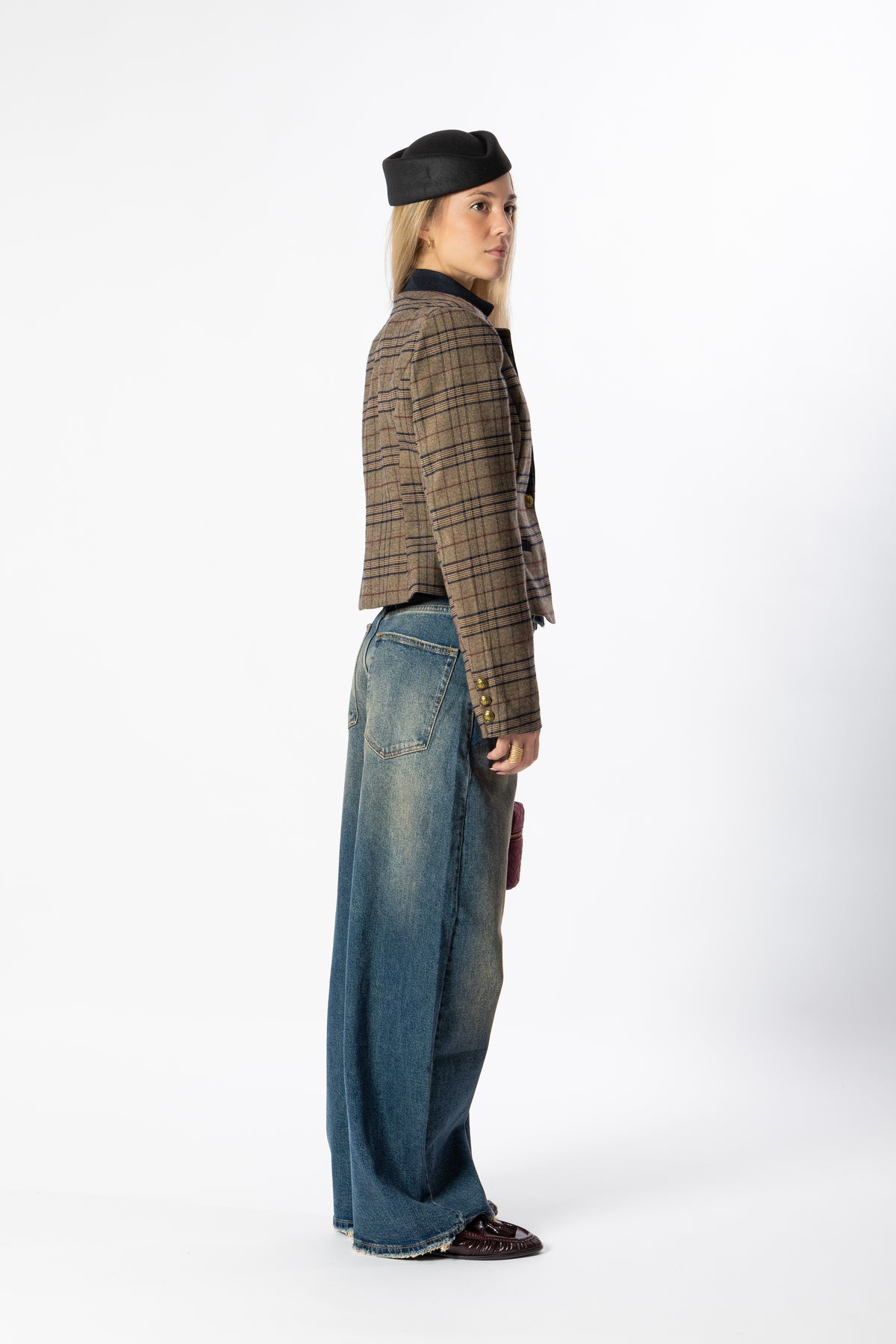 Blazer cropped tartan blu